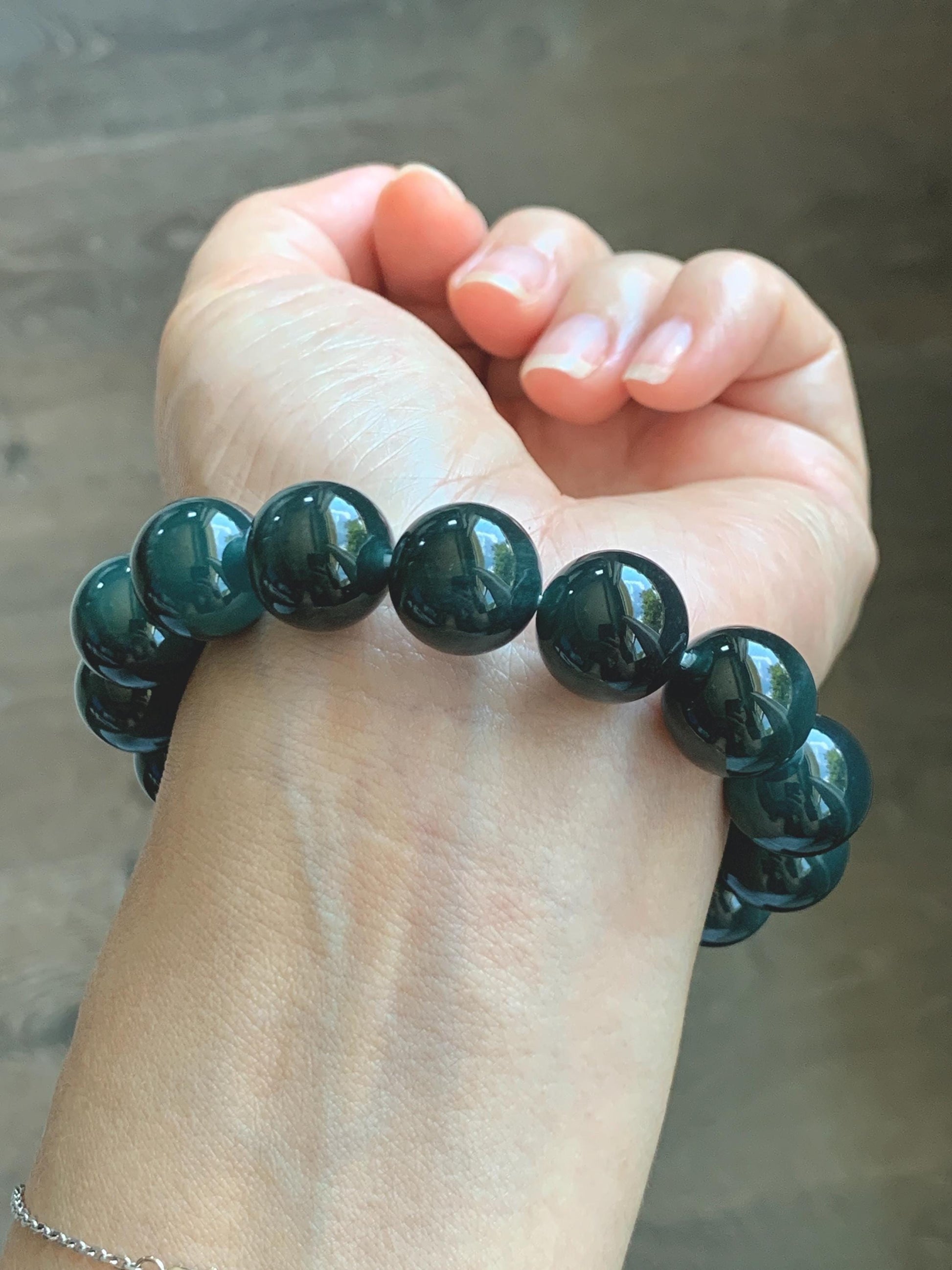 LARGE Natural Grade A Guatemalan Icy Translucent Dark Teal Green Jade Jadeite Beaded Bracelet 13.9mm 7.75” 70g 天然冰危深老蓝水翡翠大卡手串 WDS660A