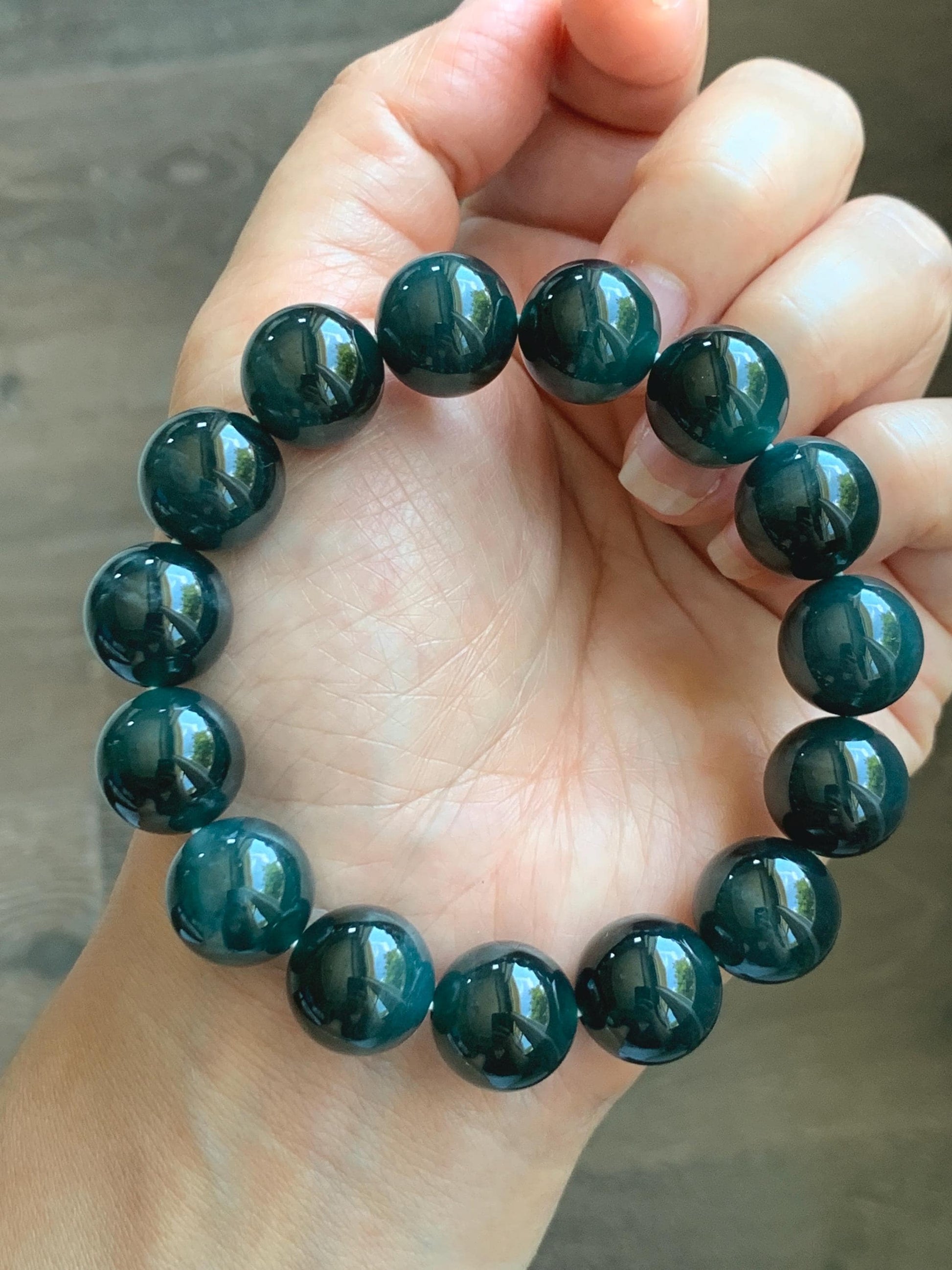 LARGE Natural Grade A Guatemalan Icy Translucent Dark Teal Green Jade Jadeite Beaded Bracelet 13.9mm 7.75” 70g 天然冰危深老蓝水翡翠大卡手串 WDS660A
