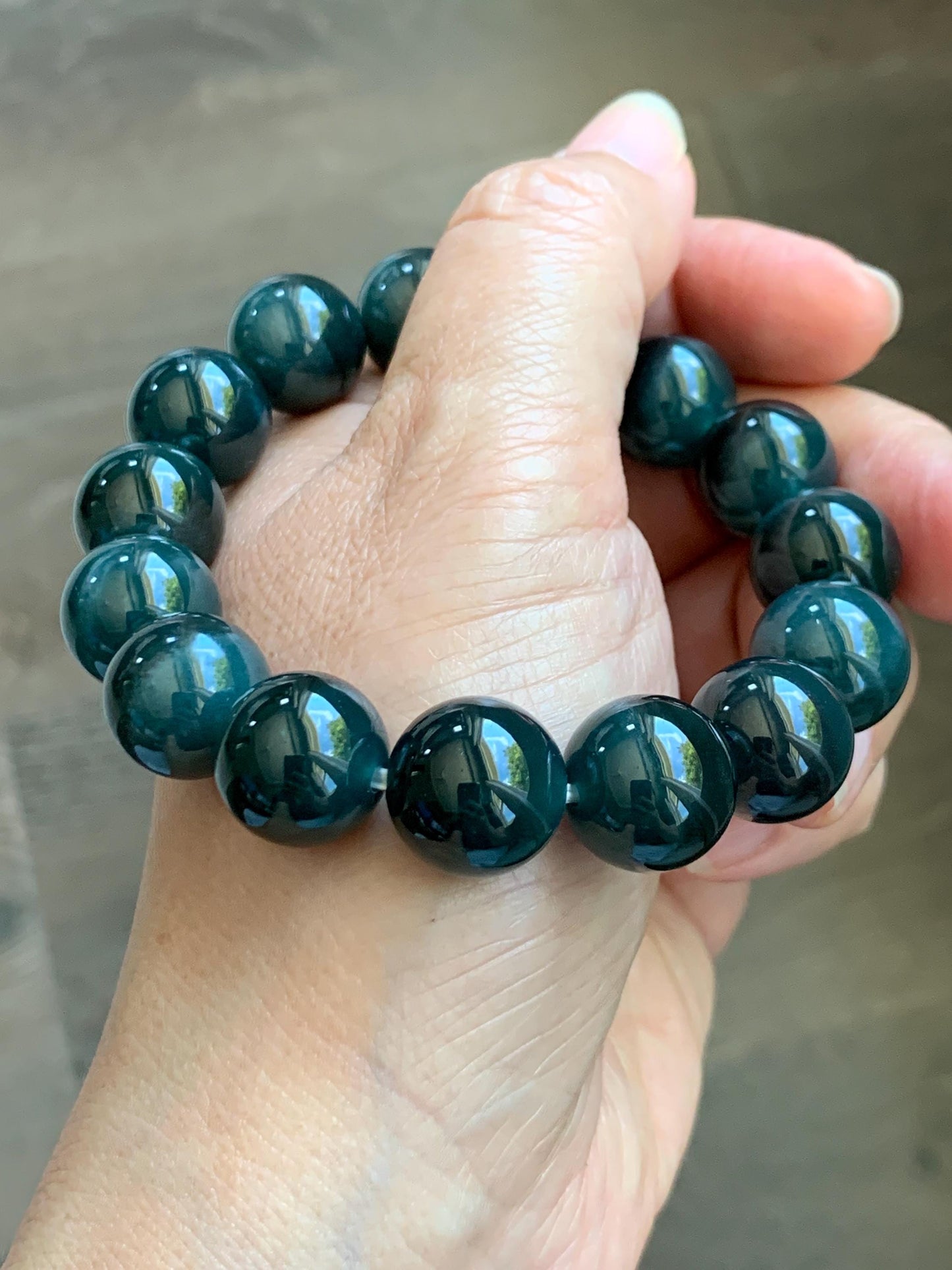 LARGE Natural Grade A Guatemalan Icy Translucent Dark Teal Green Jade Jadeite Beaded Bracelet 13.9mm 7.75” 70g 天然冰危深老蓝水翡翠大卡手串 WDS660A