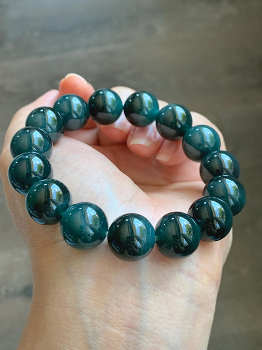 LARGE Natural Grade A Guatemalan Icy Translucent Dark Teal Green Jade Jadeite Beaded Bracelet 13.9mm 7.75” 70g 天然冰危深老蓝水翡翠大卡手串 WDS660A