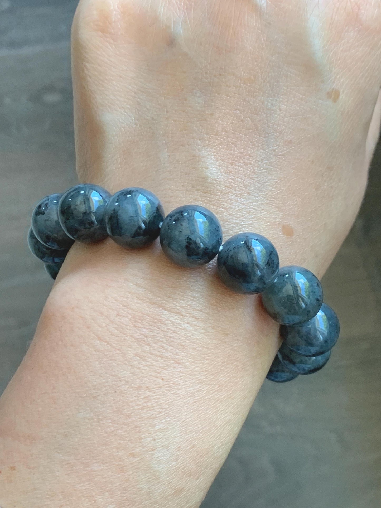 Grade A Natural Icy Translucent Dark Wuji Jade Jadeite Large Beads Beaded Bracelet 13mm 7.75" 63g 天然大卡冰乌鸡翡翠手串 MDW440