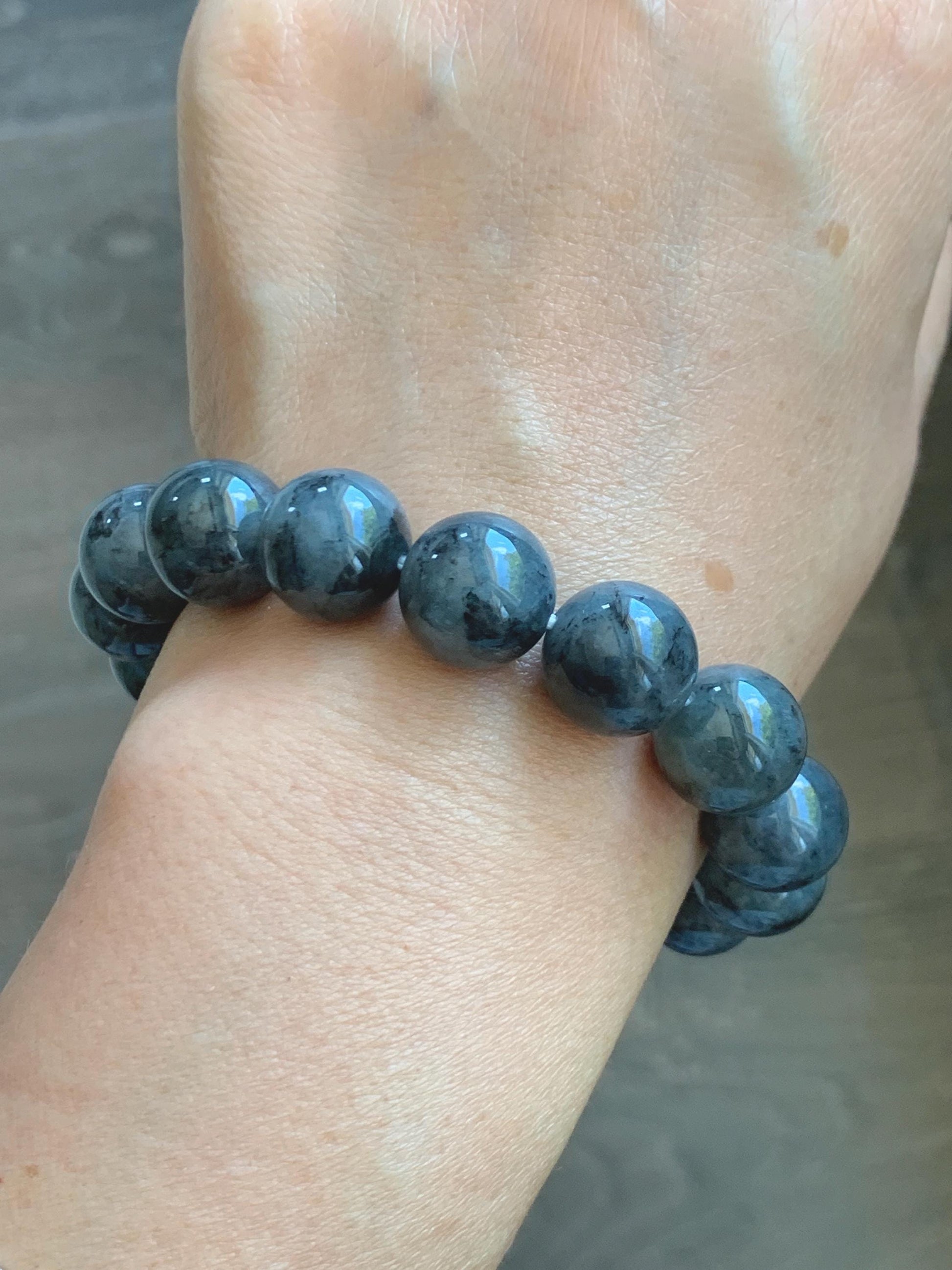 Grade A Natural Icy Translucent Dark Wuji Jade Jadeite Large Beads Beaded Bracelet 13mm 7.75" 63g 天然大卡冰乌鸡翡翠手串 MDW440