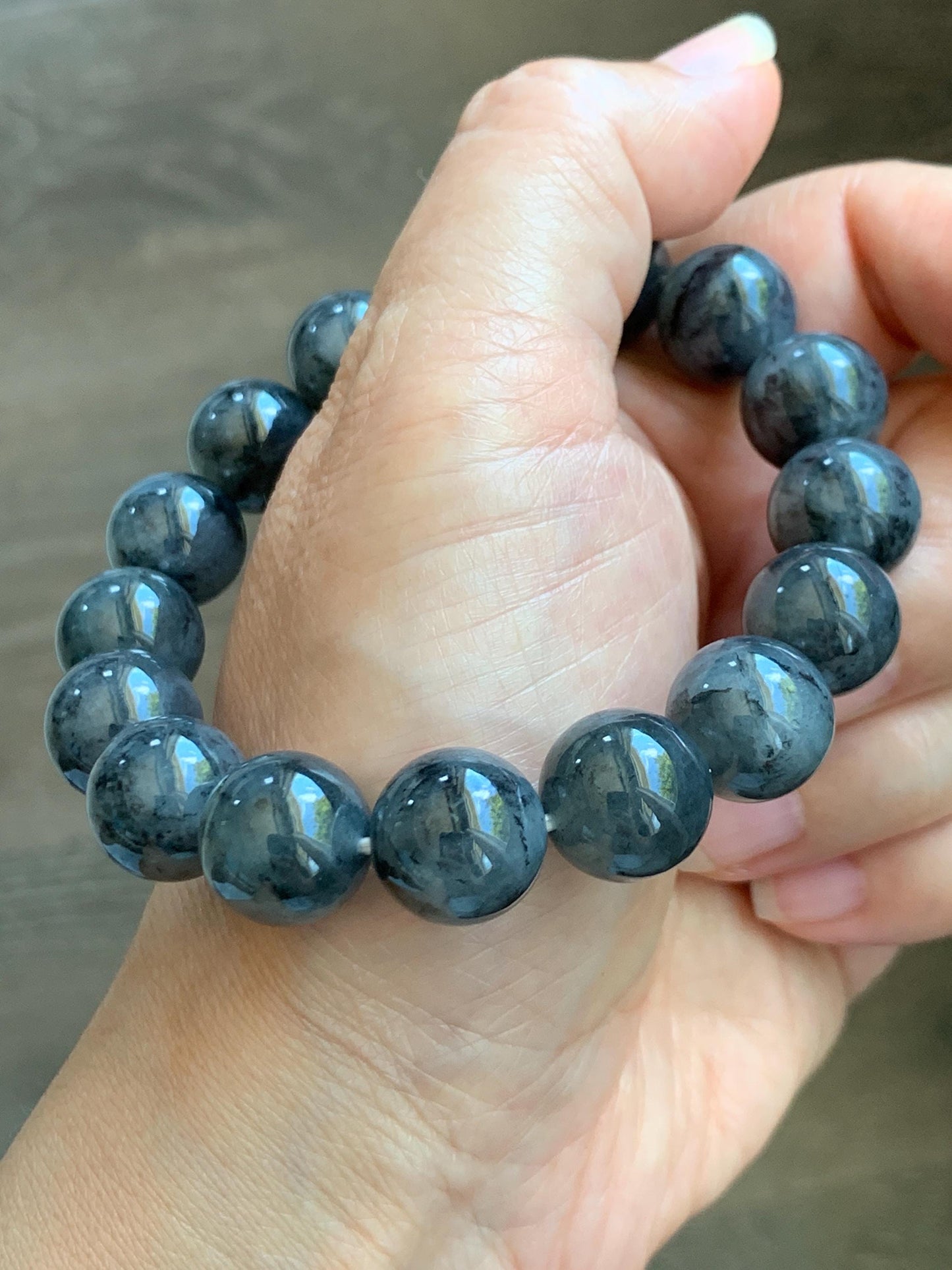 Grade A Natural Icy Translucent Dark Wuji Jade Jadeite Large Beads Beaded Bracelet 13mm 7.75" 63g 天然大卡冰乌鸡翡翠手串 MDW440
