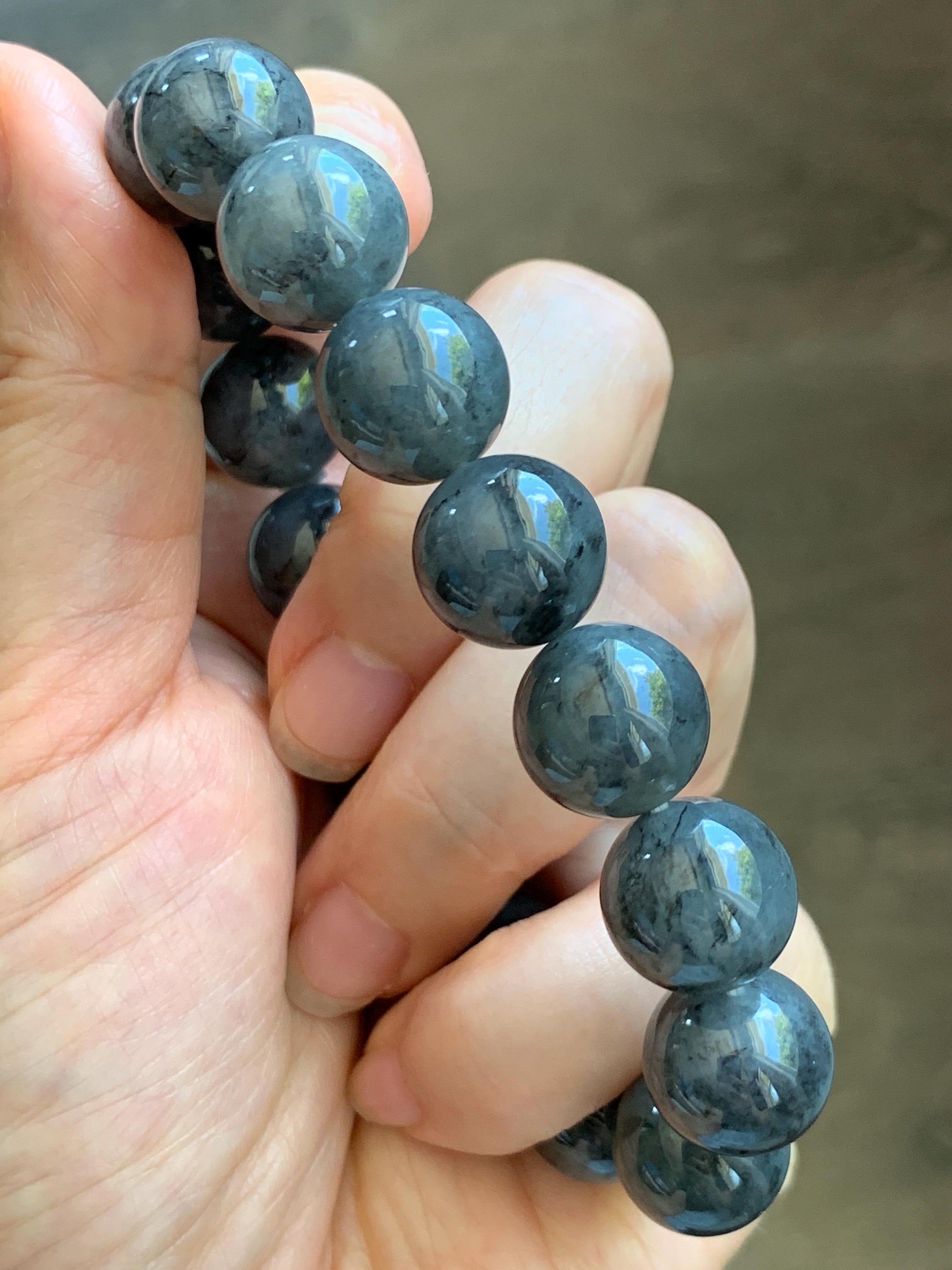 Grade A Natural Icy Translucent Dark Wuji Jade Jadeite Large Beads Beaded Bracelet 13mm 7.75" 63g 天然大卡冰乌鸡翡翠手串 MDW440