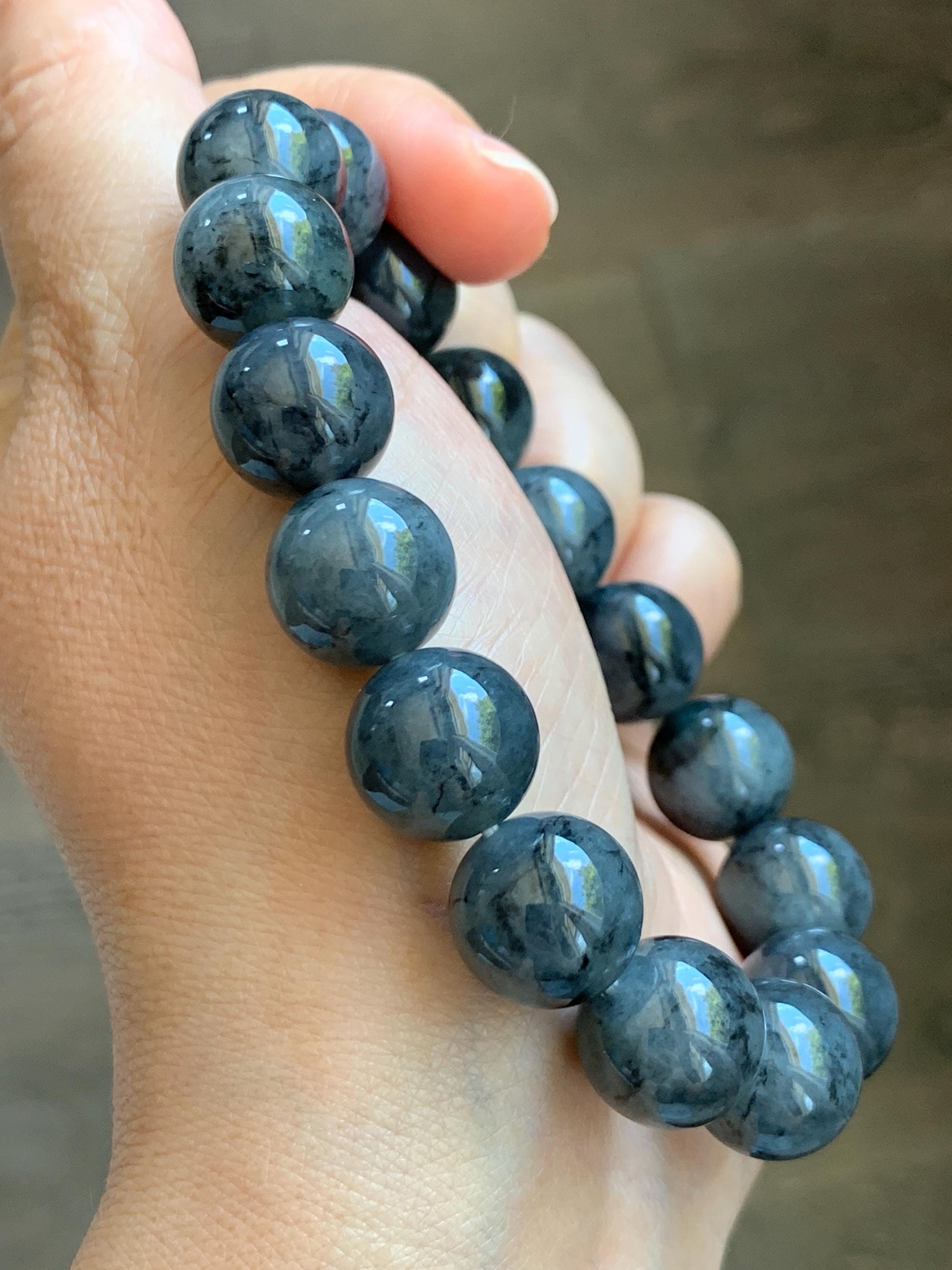 Grade A Natural Icy Translucent Dark Wuji Jade Jadeite Large Beads Beaded Bracelet 13mm 7.75" 63g 天然大卡冰乌鸡翡翠手串 MDW440