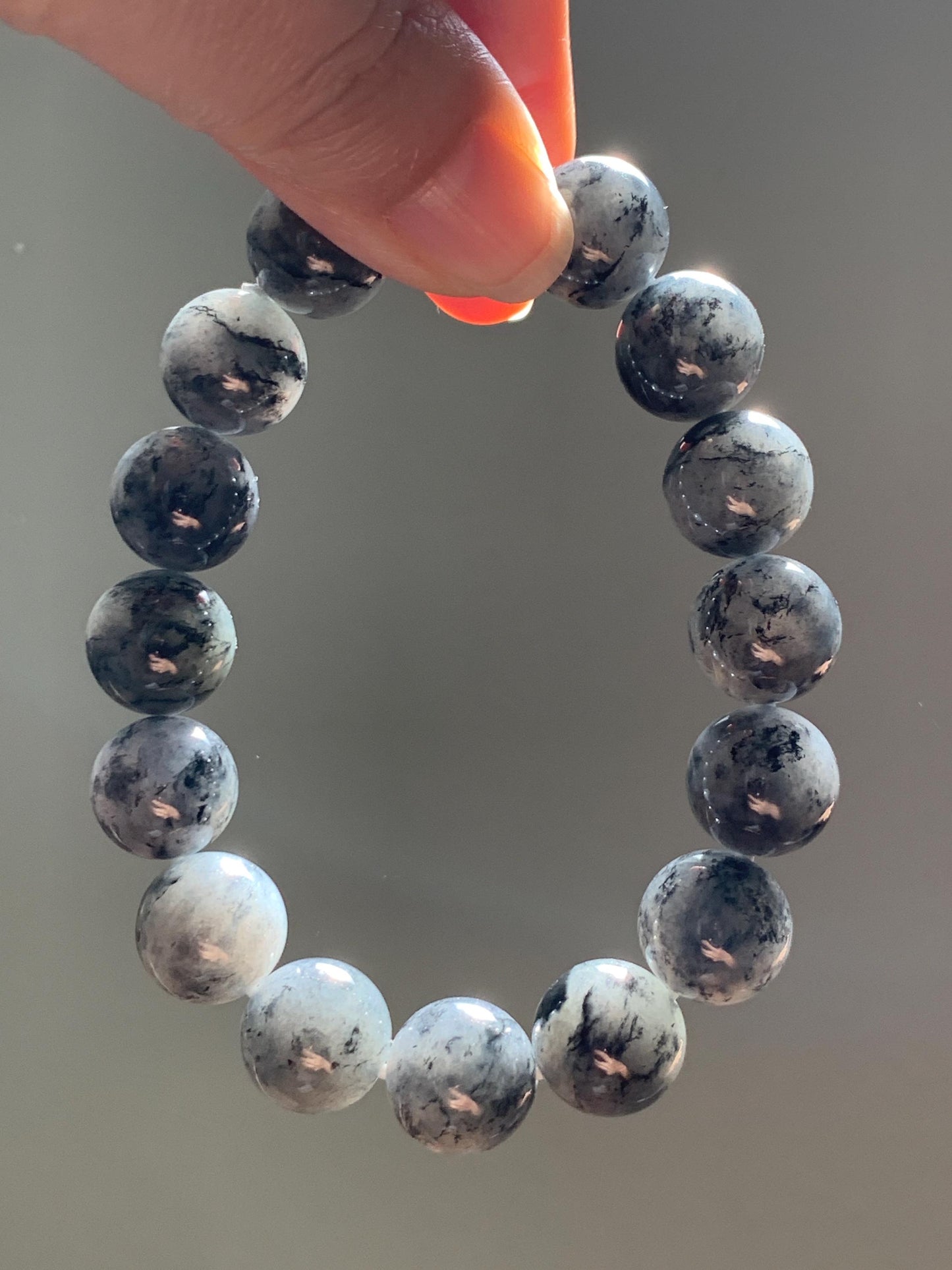 Grade A Natural Icy Translucent Dark Wuji Jade Jadeite Large Beads Beaded Bracelet 13mm 7.75" 63g 天然大卡冰乌鸡翡翠手串 MDW440