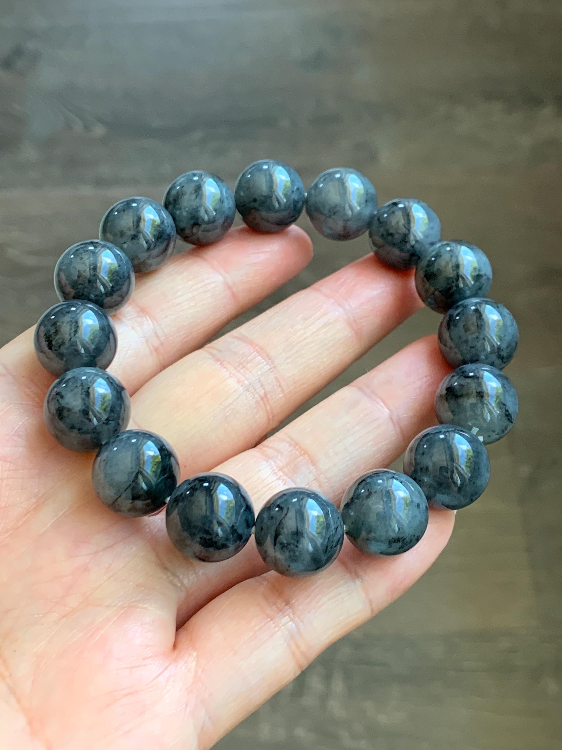 Grade A Natural Icy Translucent Dark Wuji Jade Jadeite Large Beads Beaded Bracelet 13mm 7.75" 63g 天然大卡冰乌鸡翡翠手串 MDW440