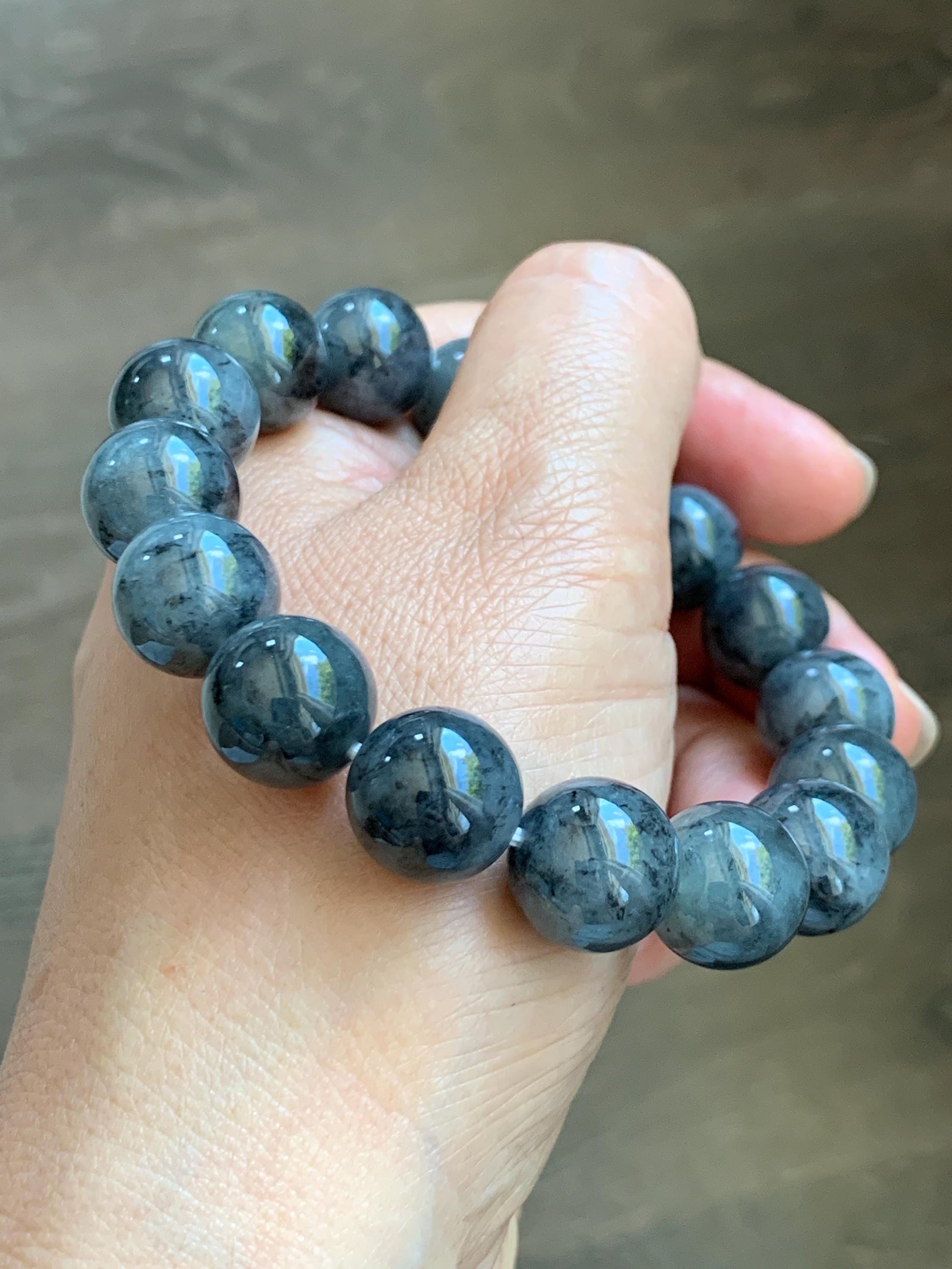 Grade A Natural Icy Translucent Dark Wuji Jade Jadeite Large Beads Beaded Bracelet 13mm 7.75" 63g 天然大卡冰乌鸡翡翠手串 MDW440