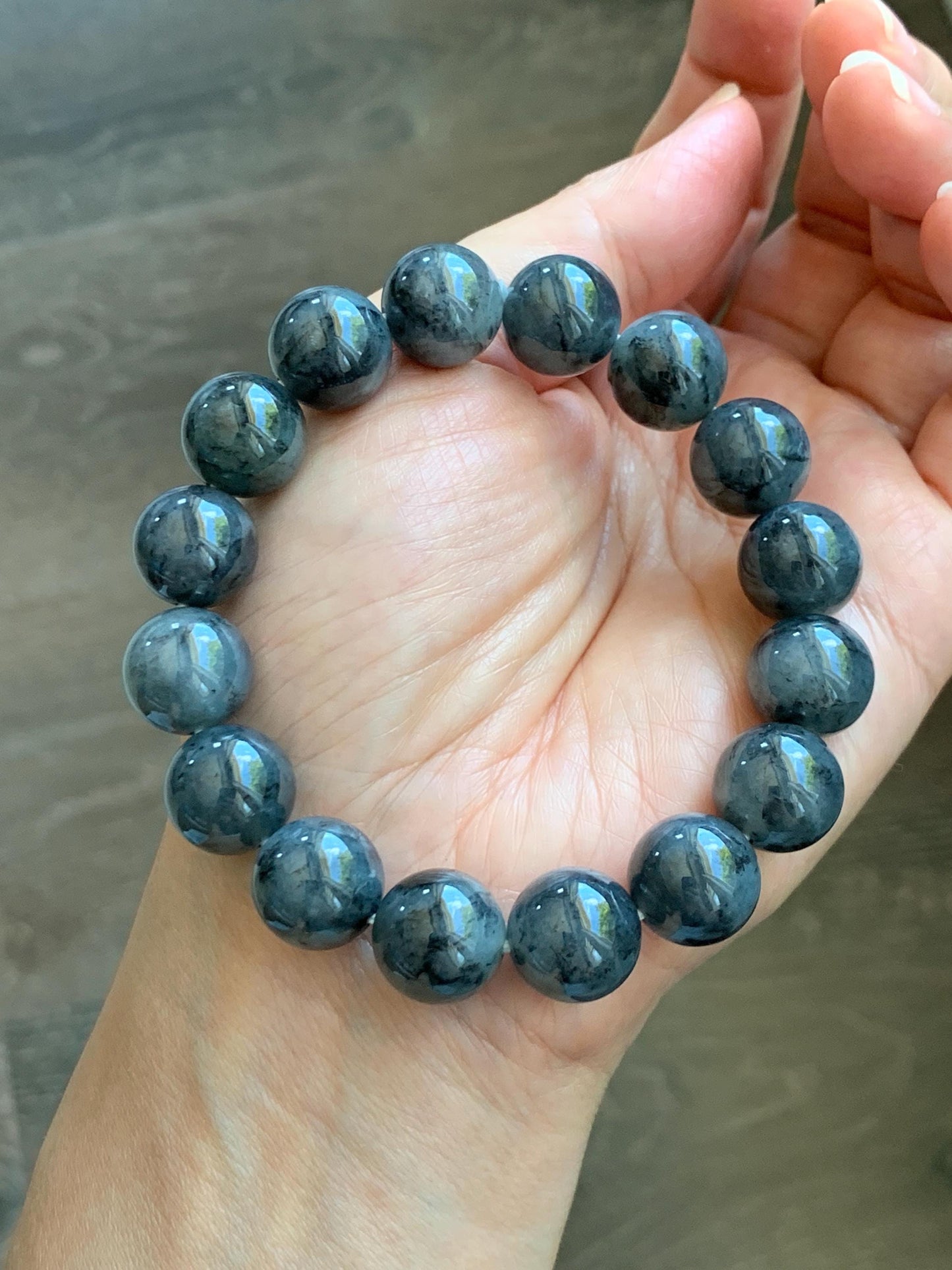 Grade A Natural Icy Translucent Dark Wuji Jade Jadeite Large Beads Beaded Bracelet 13mm 7.75" 63g 天然大卡冰乌鸡翡翠手串 MDW440
