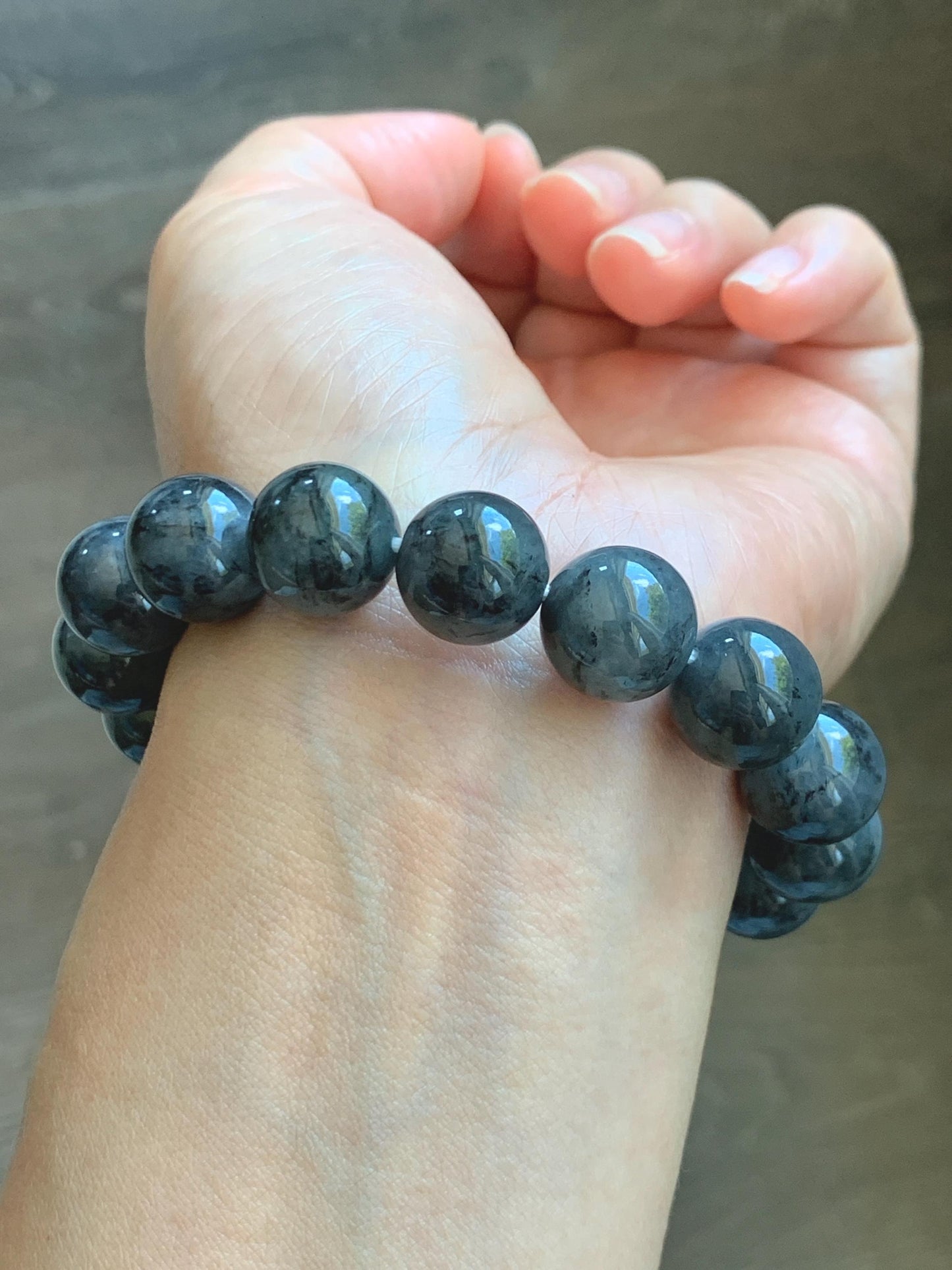 Grade A Natural Icy Translucent Dark Wuji Jade Jadeite Large Beads Beaded Bracelet 13mm 7.75" 63g 天然大卡冰乌鸡翡翠手串 MDW440