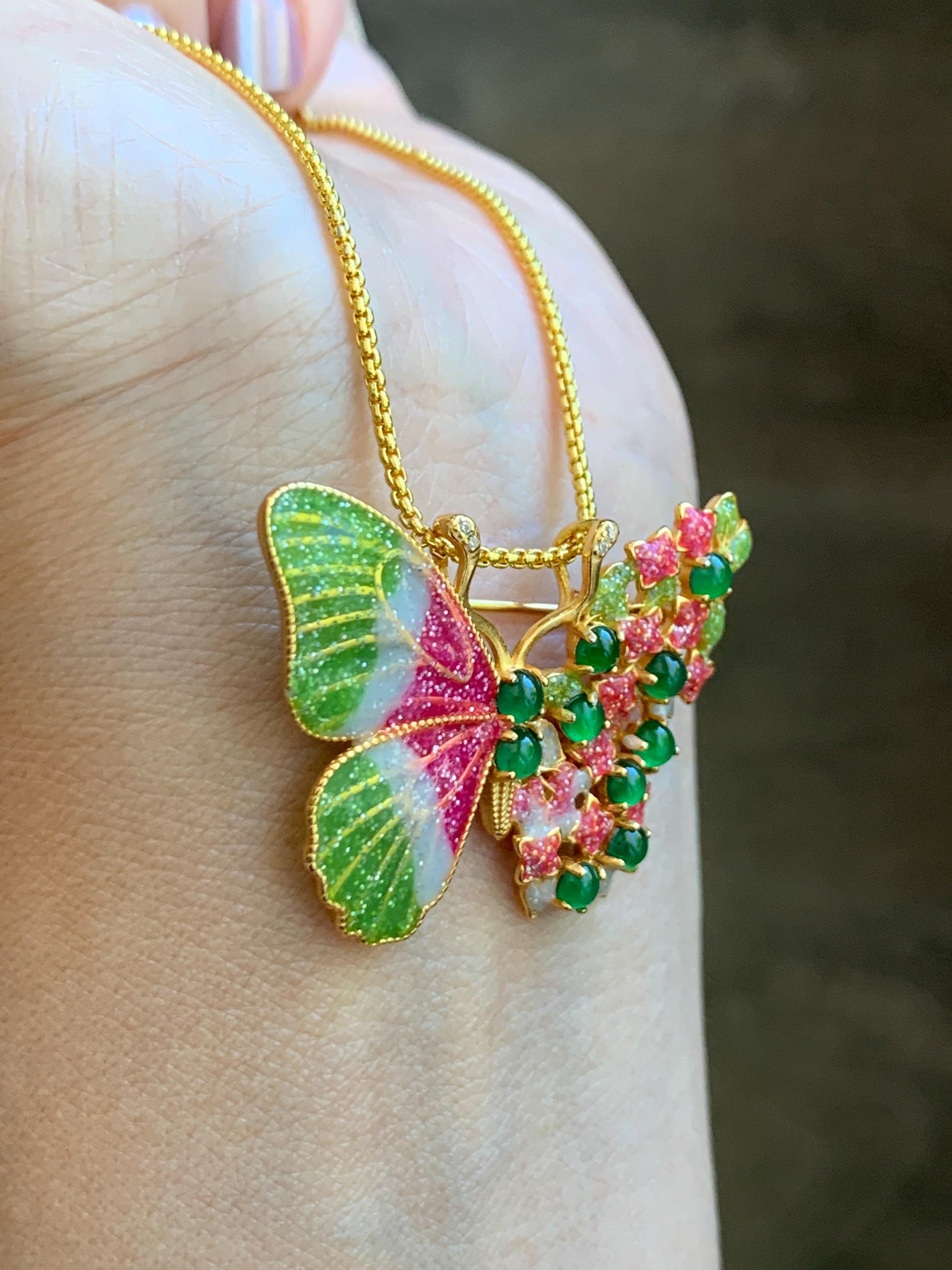 Certified Natural Guatemalan Icy Translucent Vibrant Green Jade Jadeite Butterfly Brooch Pendant Sterling Silver 天然冰危绿翡翠银镶蝴蝶烤漆胸针吊坠 253