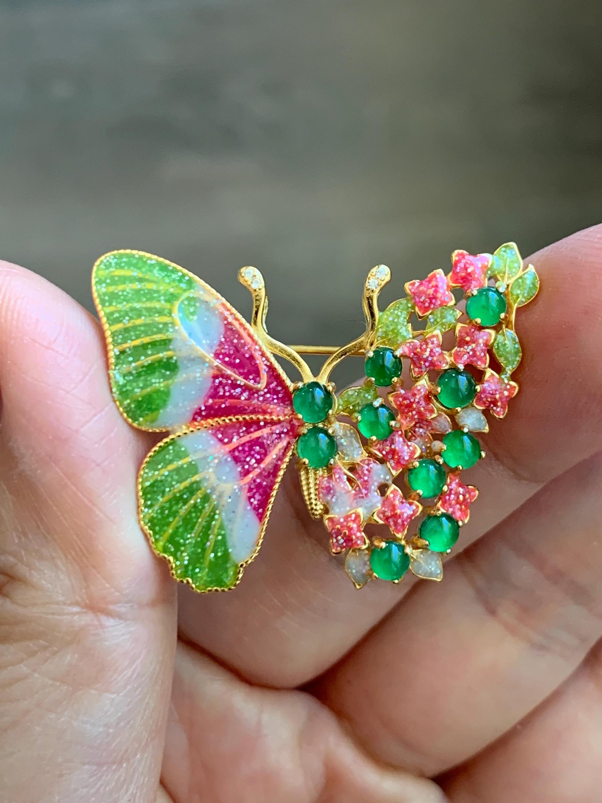 Certified Natural Guatemalan Icy Translucent Vibrant Green Jade Jadeite Butterfly Brooch Pendant Sterling Silver 天然冰危绿翡翠银镶蝴蝶烤漆胸针吊坠 253