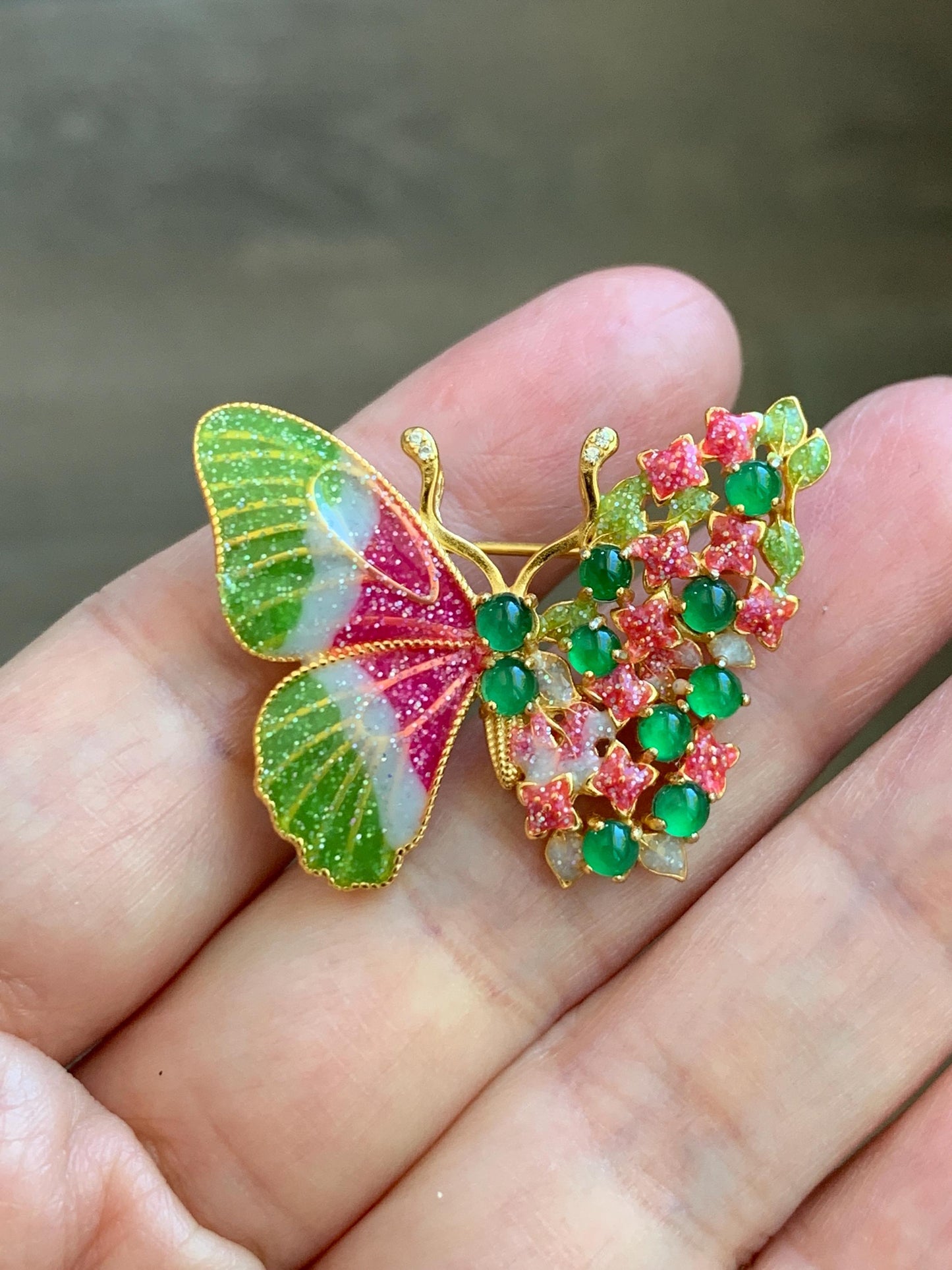Certified Natural Guatemalan Icy Translucent Vibrant Green Jade Jadeite Butterfly Brooch Pendant Sterling Silver 天然冰危绿翡翠银镶蝴蝶烤漆胸针吊坠 253