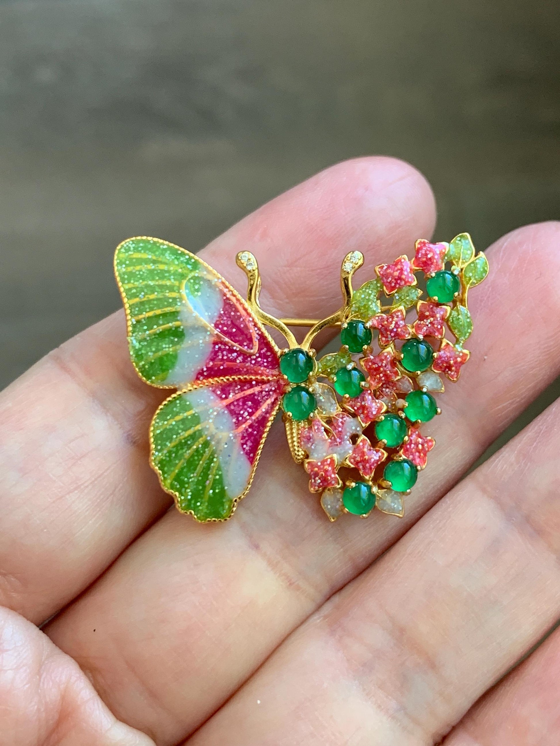 Certified Natural Guatemalan Icy Translucent Vibrant Green Jade Jadeite Butterfly Brooch Pendant Sterling Silver 天然冰危绿翡翠银镶蝴蝶烤漆胸针吊坠 253