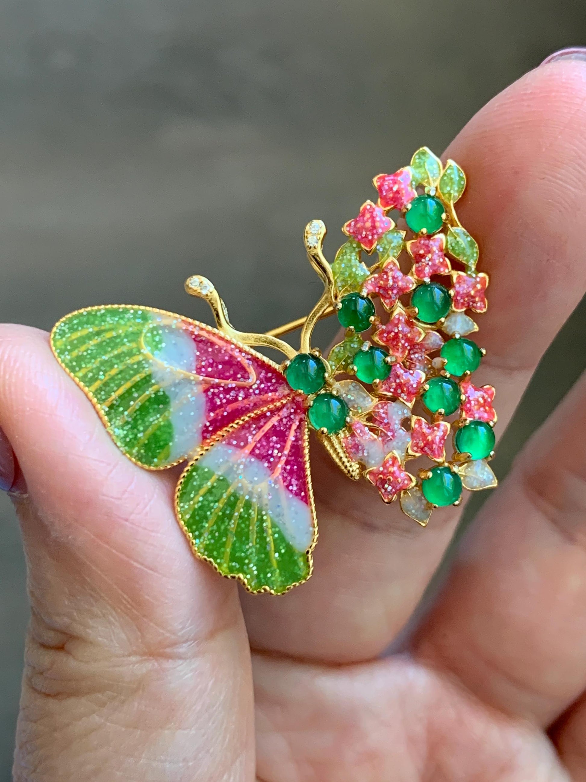 Certified Natural Guatemalan Icy Translucent Vibrant Green Jade Jadeite Butterfly Brooch Pendant Sterling Silver 天然冰危绿翡翠银镶蝴蝶烤漆胸针吊坠 253