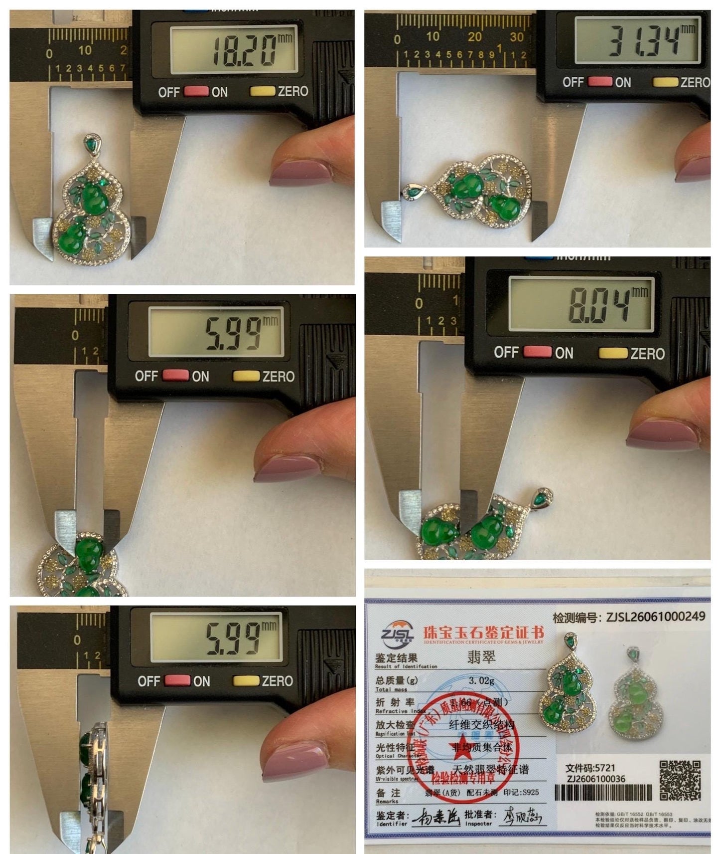 Certified Natural Grade A Guatemalan Icy Translucent Vibrant Green Jade Jadeite Double Gourd Hulu Pendant Sterling Silver 天然冰危绿翡翠双葫芦吊坠 249