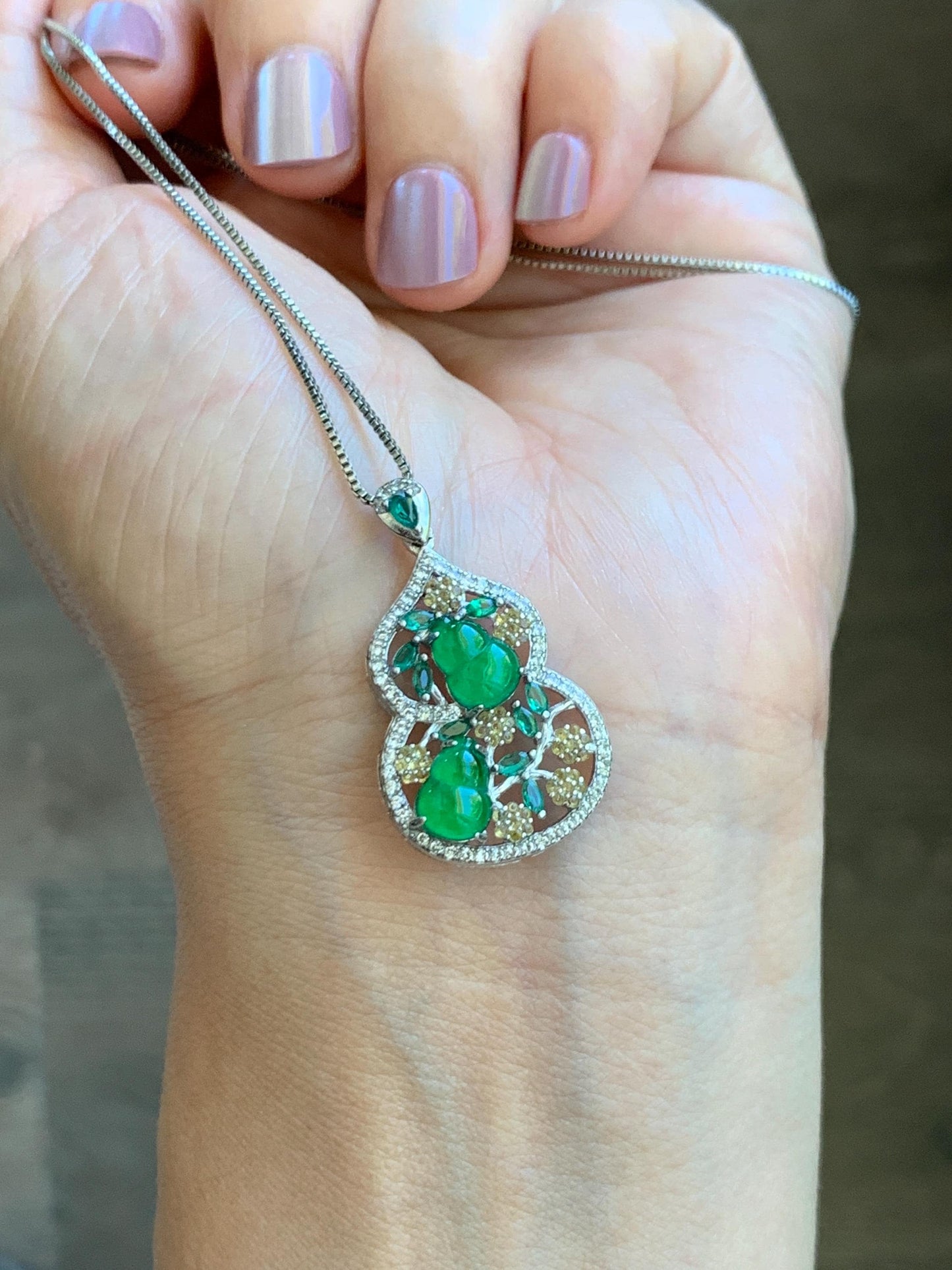 Certified Natural Grade A Guatemalan Icy Translucent Vibrant Green Jade Jadeite Double Gourd Hulu Pendant Sterling Silver 天然冰危绿翡翠双葫芦吊坠 249