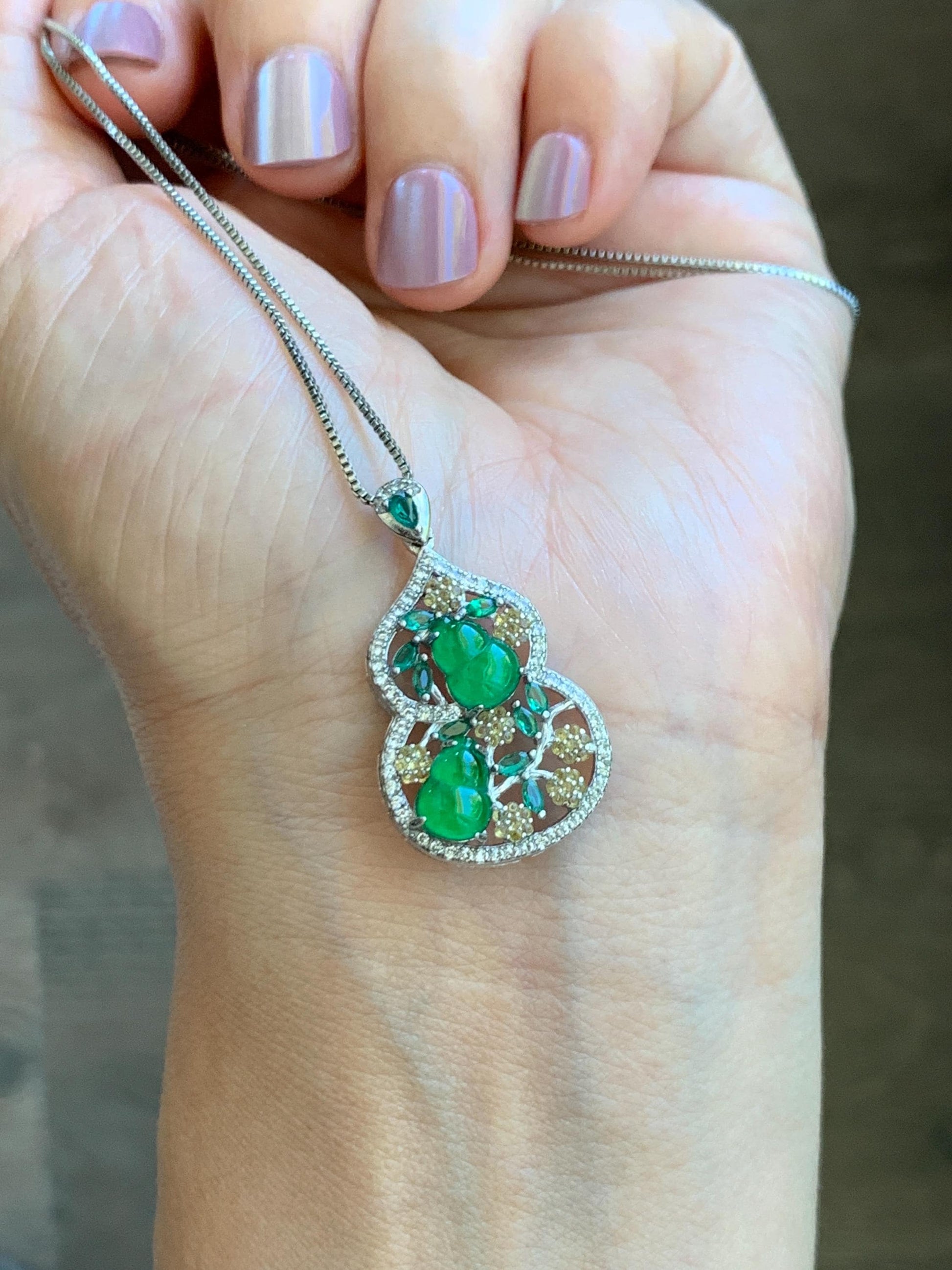Certified Natural Grade A Guatemalan Icy Translucent Vibrant Green Jade Jadeite Double Gourd Hulu Pendant Sterling Silver 天然冰危绿翡翠双葫芦吊坠 249
