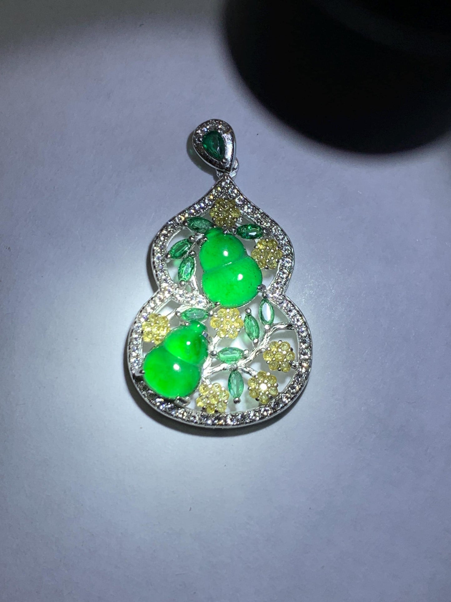 Certified Natural Grade A Guatemalan Icy Translucent Vibrant Green Jade Jadeite Double Gourd Hulu Pendant Sterling Silver 天然冰危绿翡翠双葫芦吊坠 249