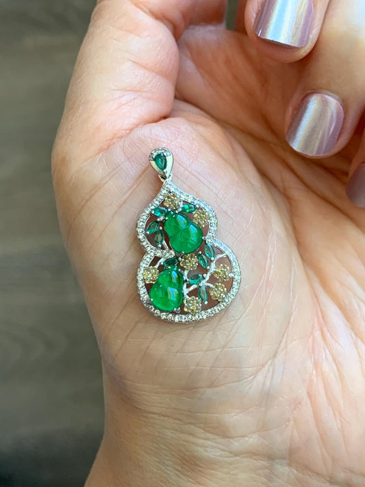 Certified Natural Grade A Guatemalan Icy Translucent Vibrant Green Jade Jadeite Double Gourd Hulu Pendant Sterling Silver 天然冰危绿翡翠双葫芦吊坠 249