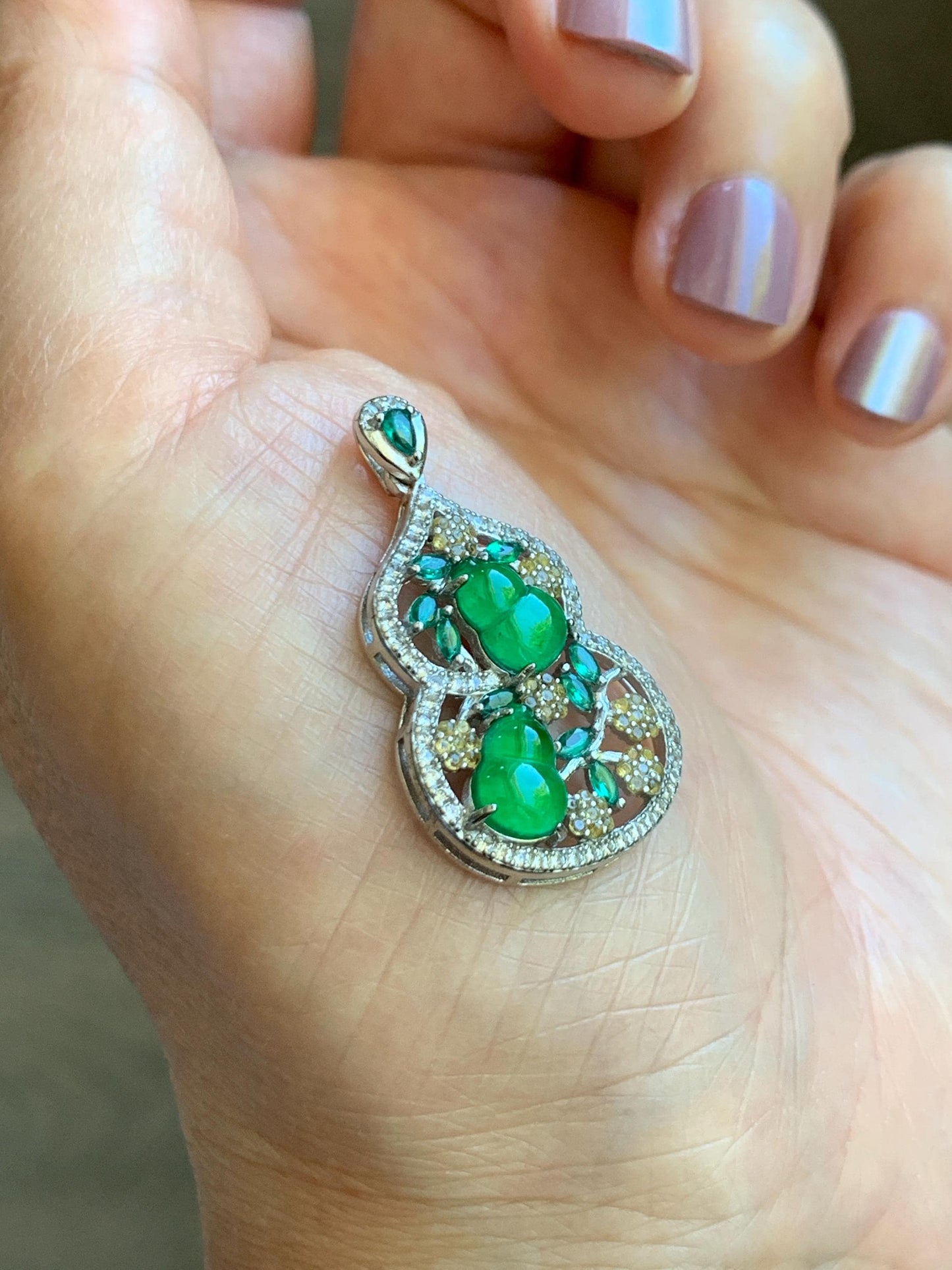 Certified Natural Grade A Guatemalan Icy Translucent Vibrant Green Jade Jadeite Double Gourd Hulu Pendant Sterling Silver 天然冰危绿翡翠双葫芦吊坠 249