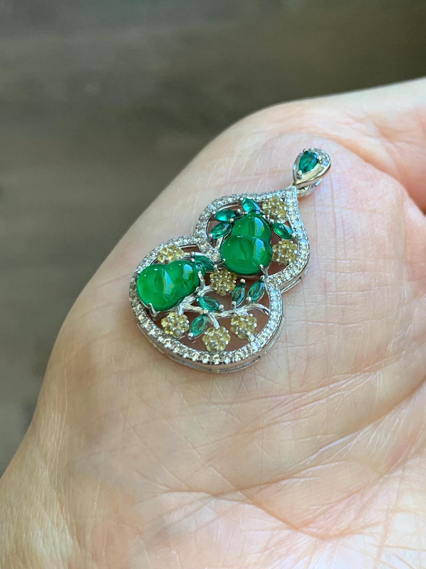 Certified Natural Grade A Guatemalan Icy Translucent Vibrant Green Jade Jadeite Double Gourd Hulu Pendant Sterling Silver 天然冰危绿翡翠双葫芦吊坠 249