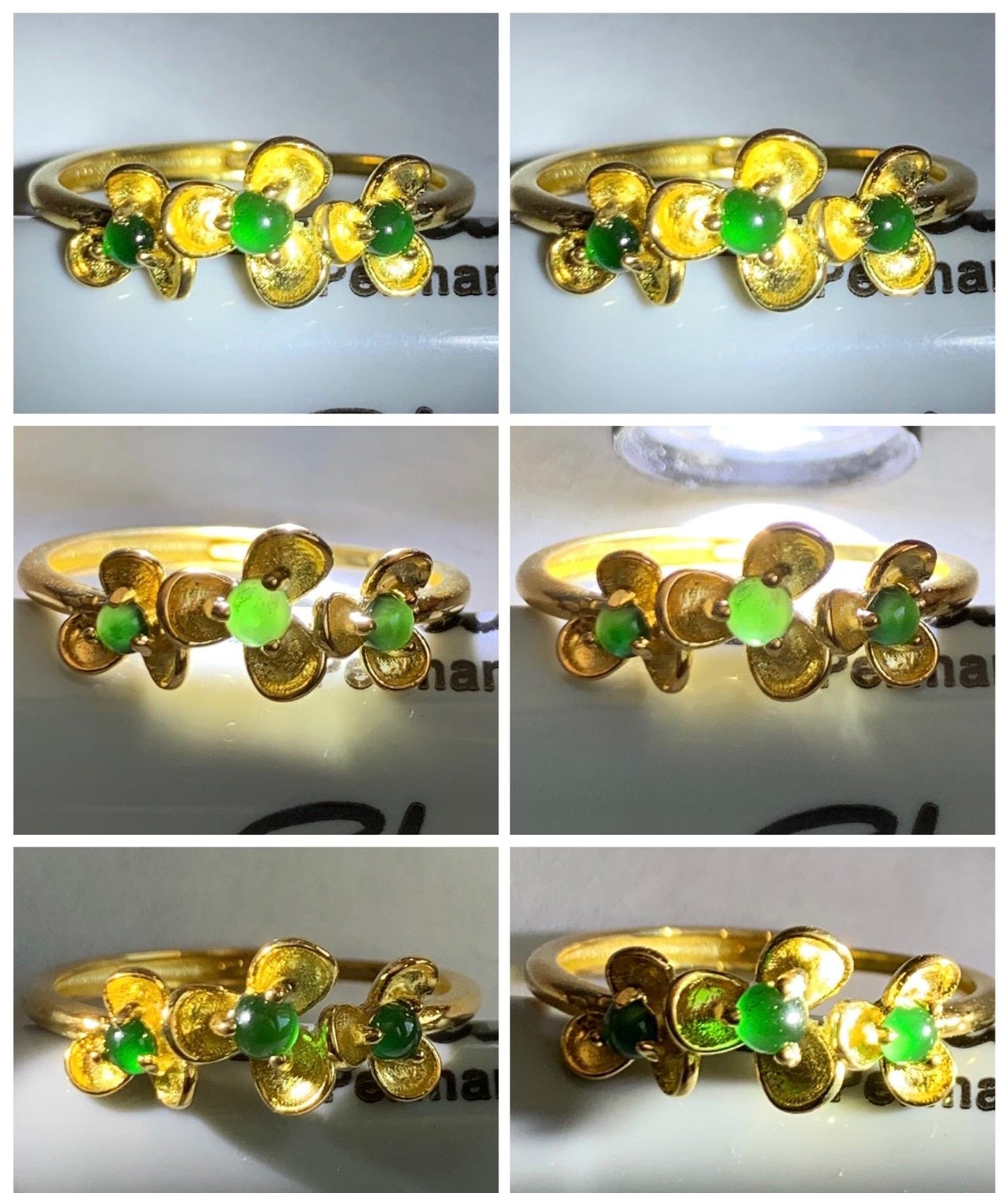 Certified Natural Grade A Guatemalan Icy Translucent Vibrant Green Jadeite Flower Ring Sterling Silver Size 6.75 Adjustable 天然冰危绿翡翠银镶戒指 232
