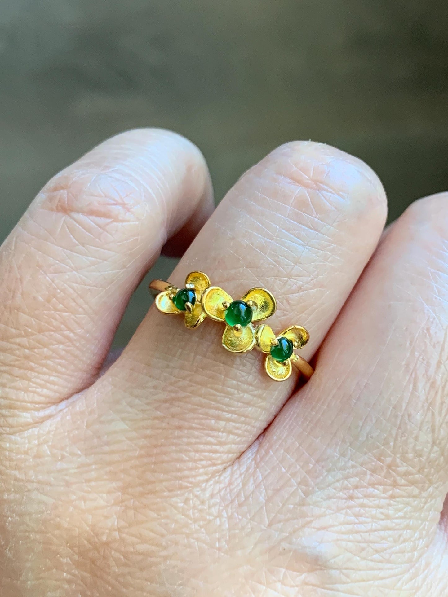 Certified Natural Grade A Guatemalan Icy Translucent Vibrant Green Jadeite Flower Ring Sterling Silver Size 6.75 Adjustable 天然冰危绿翡翠银镶戒指 232