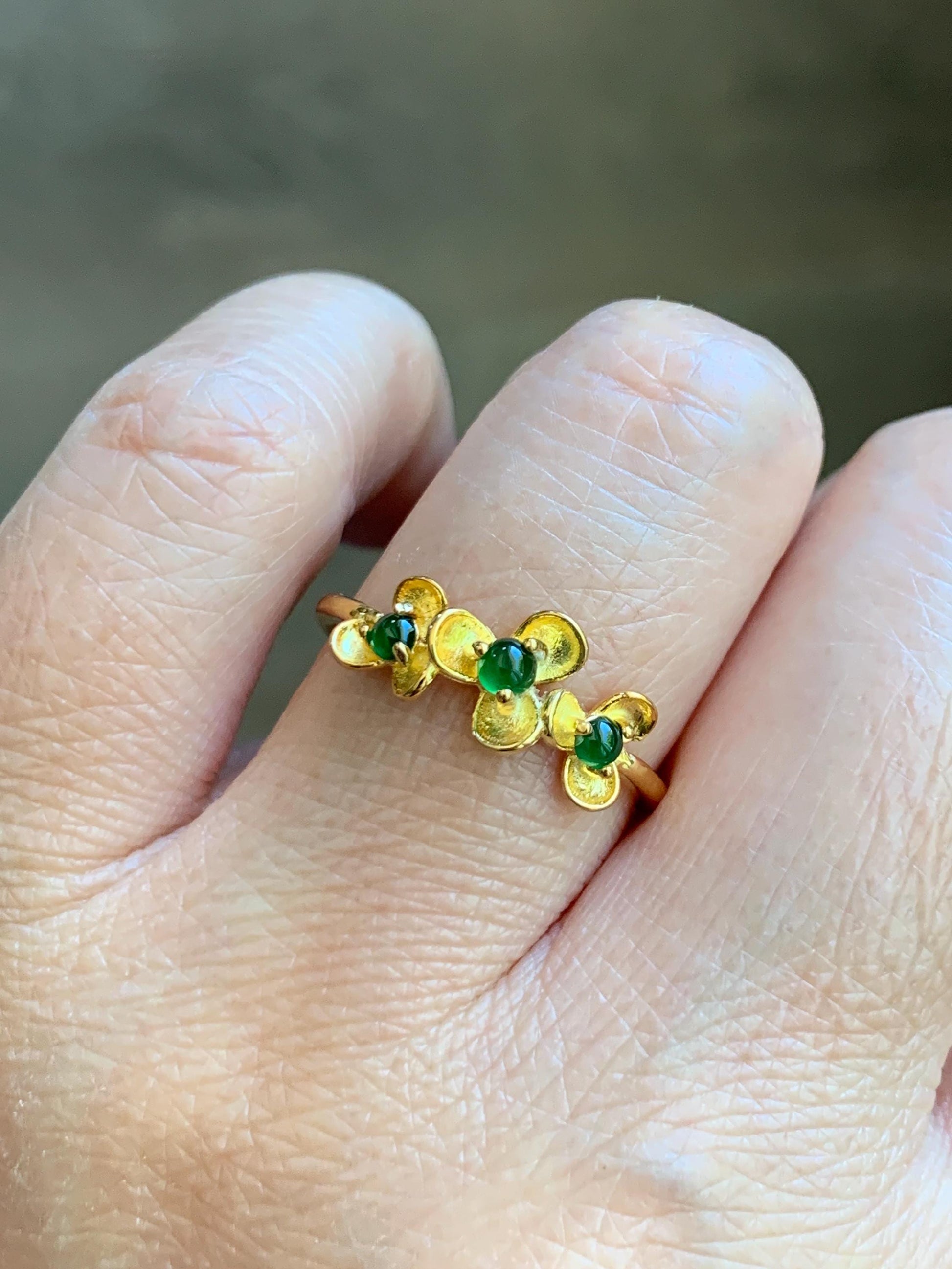 Certified Natural Grade A Guatemalan Icy Translucent Vibrant Green Jadeite Flower Ring Sterling Silver Size 6.75 Adjustable 天然冰危绿翡翠银镶戒指 232