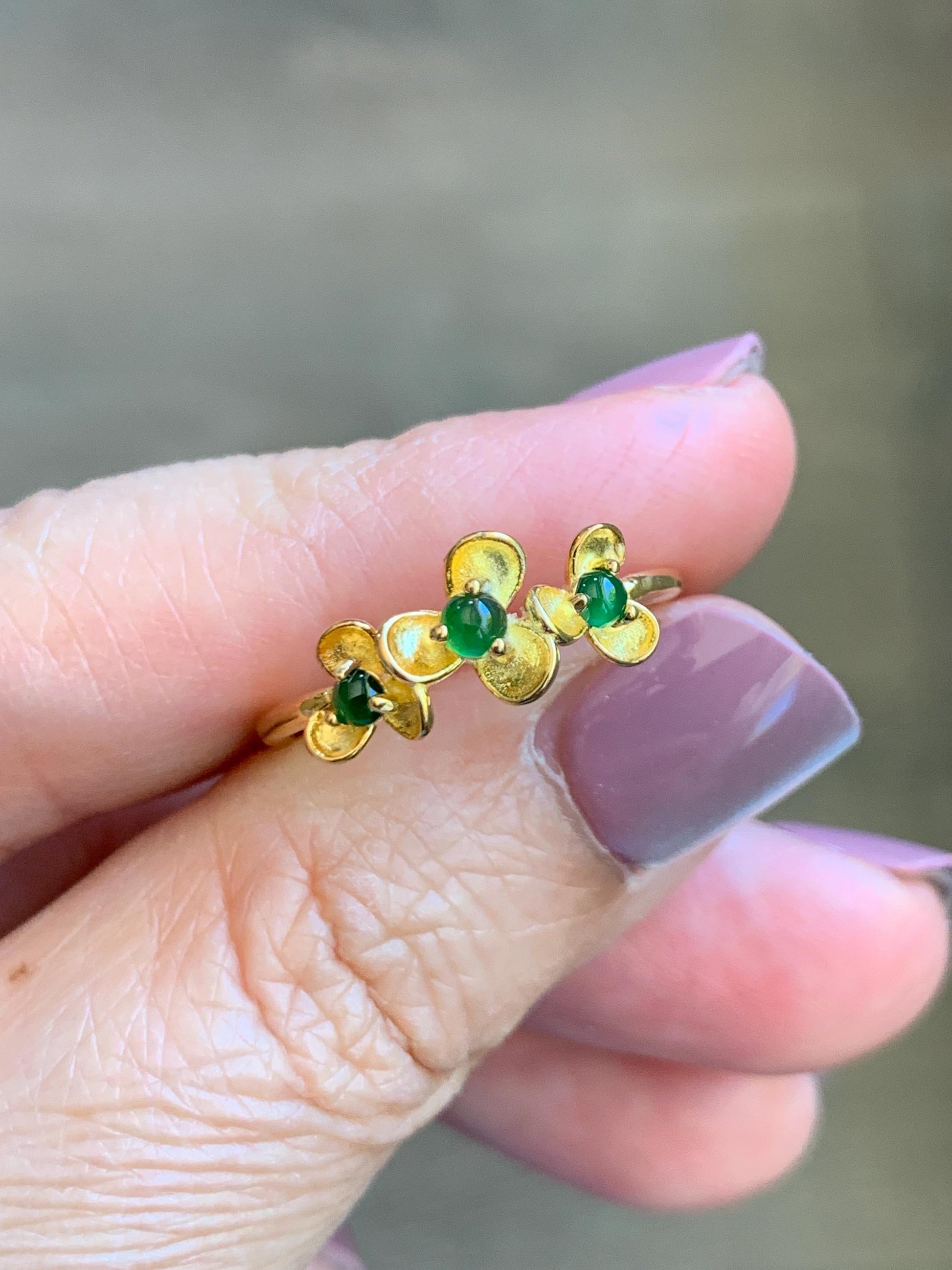 Certified Natural Grade A Guatemalan Icy Translucent Vibrant Green Jadeite Flower Ring Sterling Silver Size 6.75 Adjustable 天然冰危绿翡翠银镶戒指 232