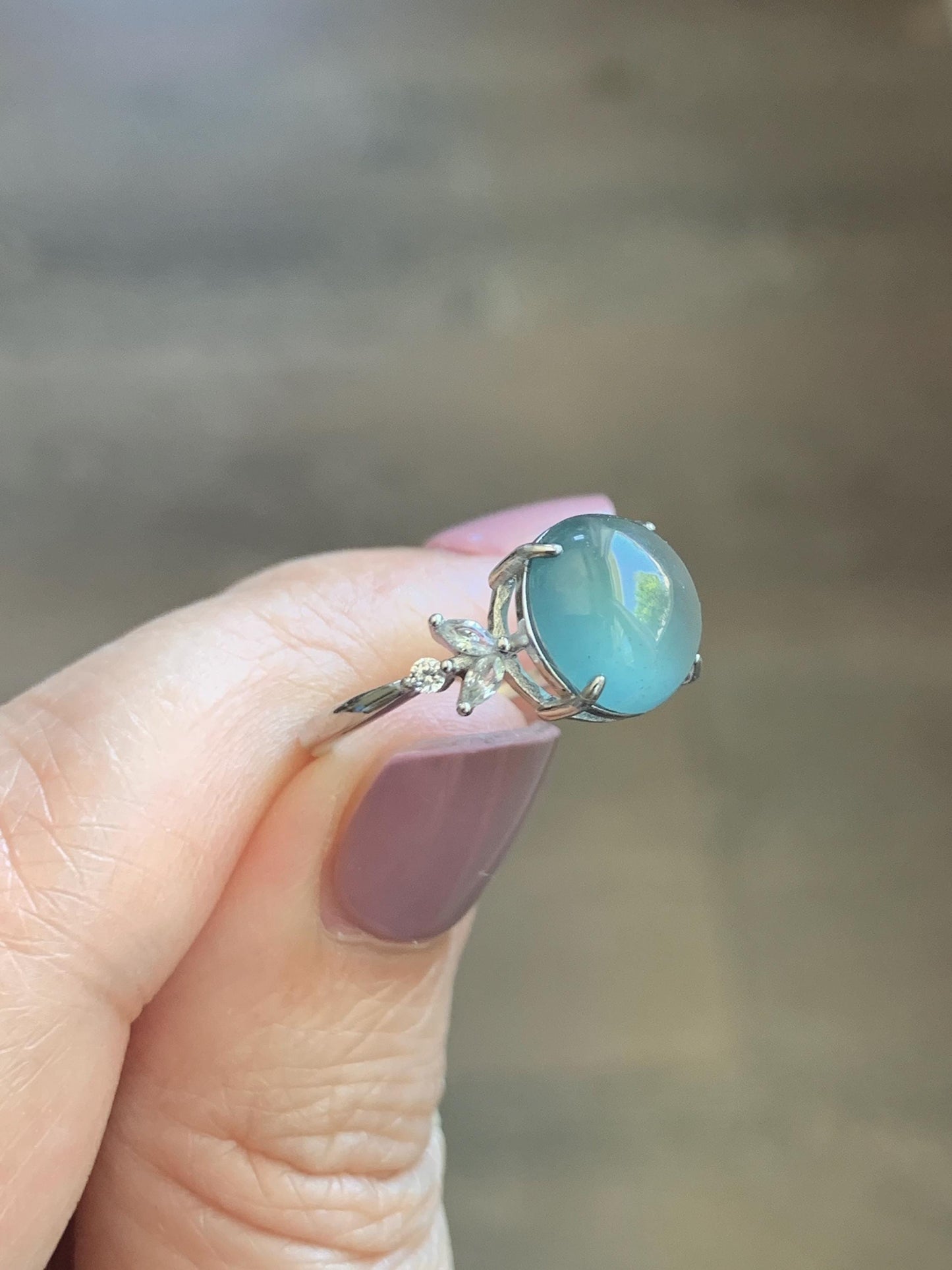 Natural Grade A Guatemalan Icy Translucent Dusty Teal Green Round Jade Jadeite Ring Sterling Silver Size 6 US Adjustable 天然冰危蓝绿翡翠银镶戒指 WDL110