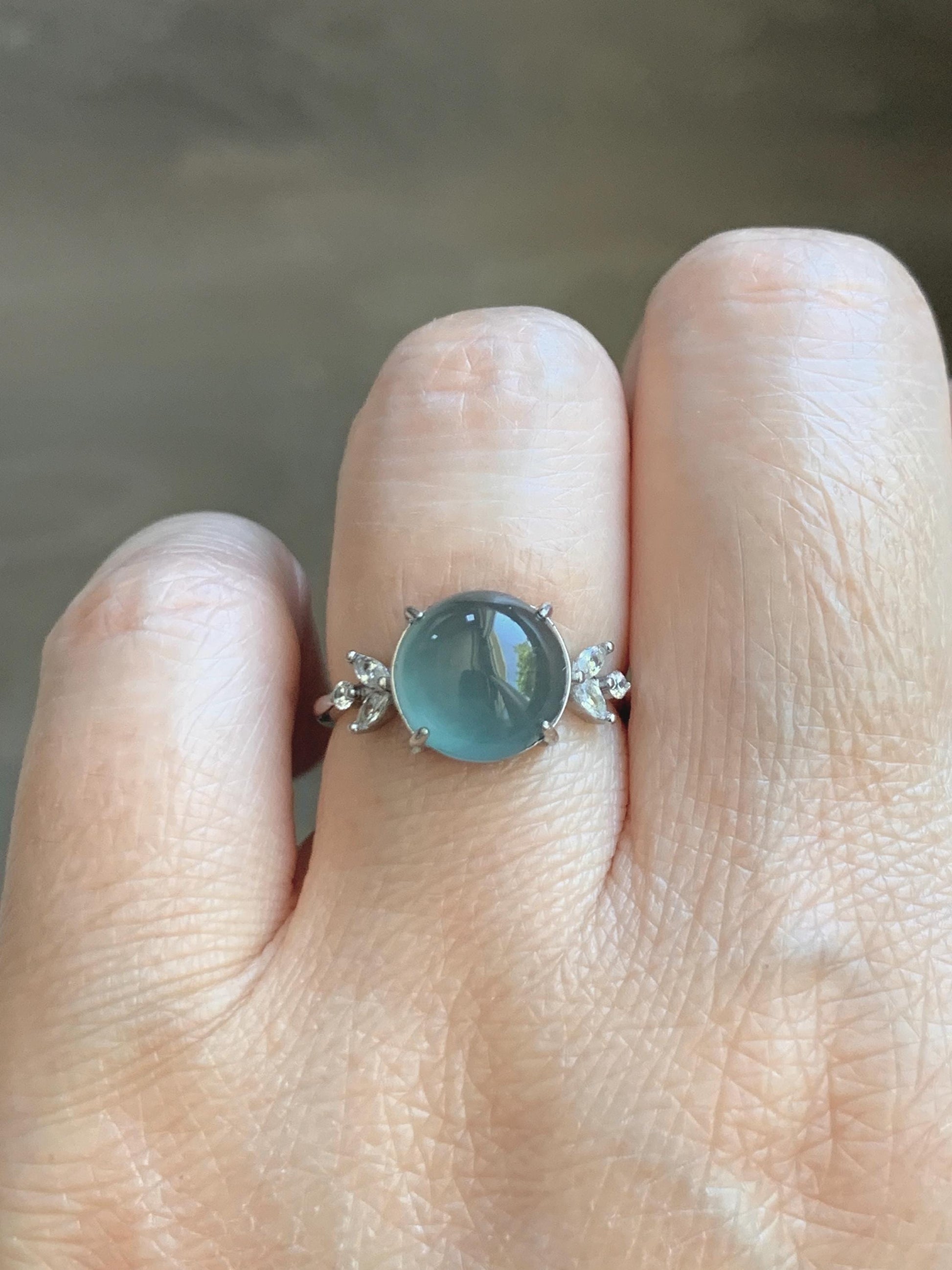 Natural Grade A Guatemalan Icy Translucent Dusty Teal Green Round Jade Jadeite Ring Sterling Silver Size 6 US Adjustable 天然冰危蓝绿翡翠银镶戒指 WDL110