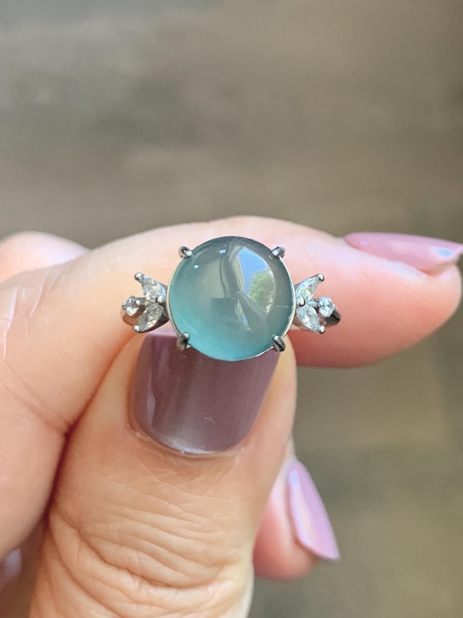 Natural Grade A Guatemalan Icy Translucent Dusty Teal Green Round Jade Jadeite Ring Sterling Silver Size 6 US Adjustable 天然冰危蓝绿翡翠银镶戒指 WDL110