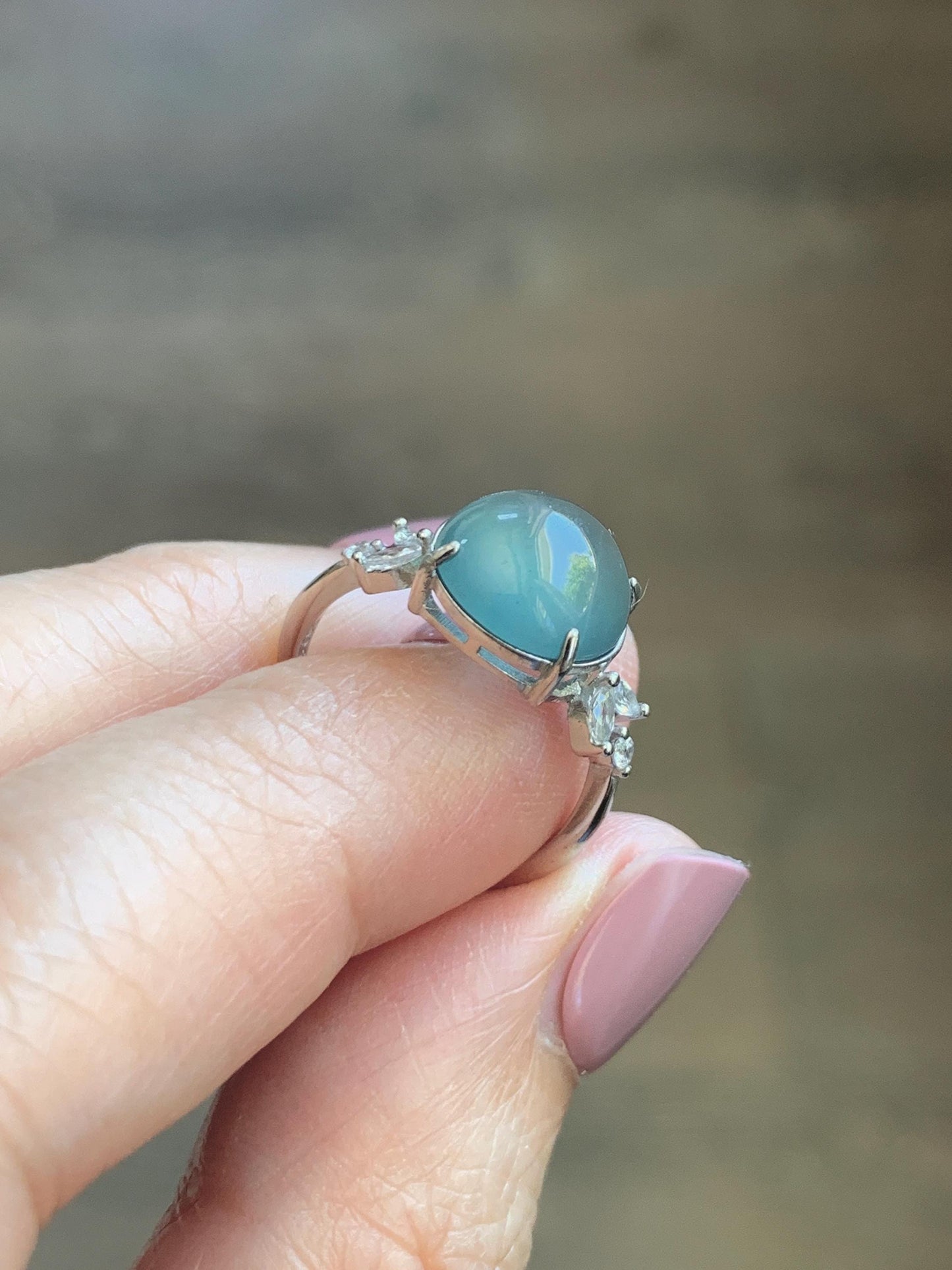 Natural Grade A Guatemalan Icy Translucent Dusty Teal Green Round Jade Jadeite Ring Sterling Silver Size 6 US Adjustable 天然冰危蓝绿翡翠银镶戒指 WDL110