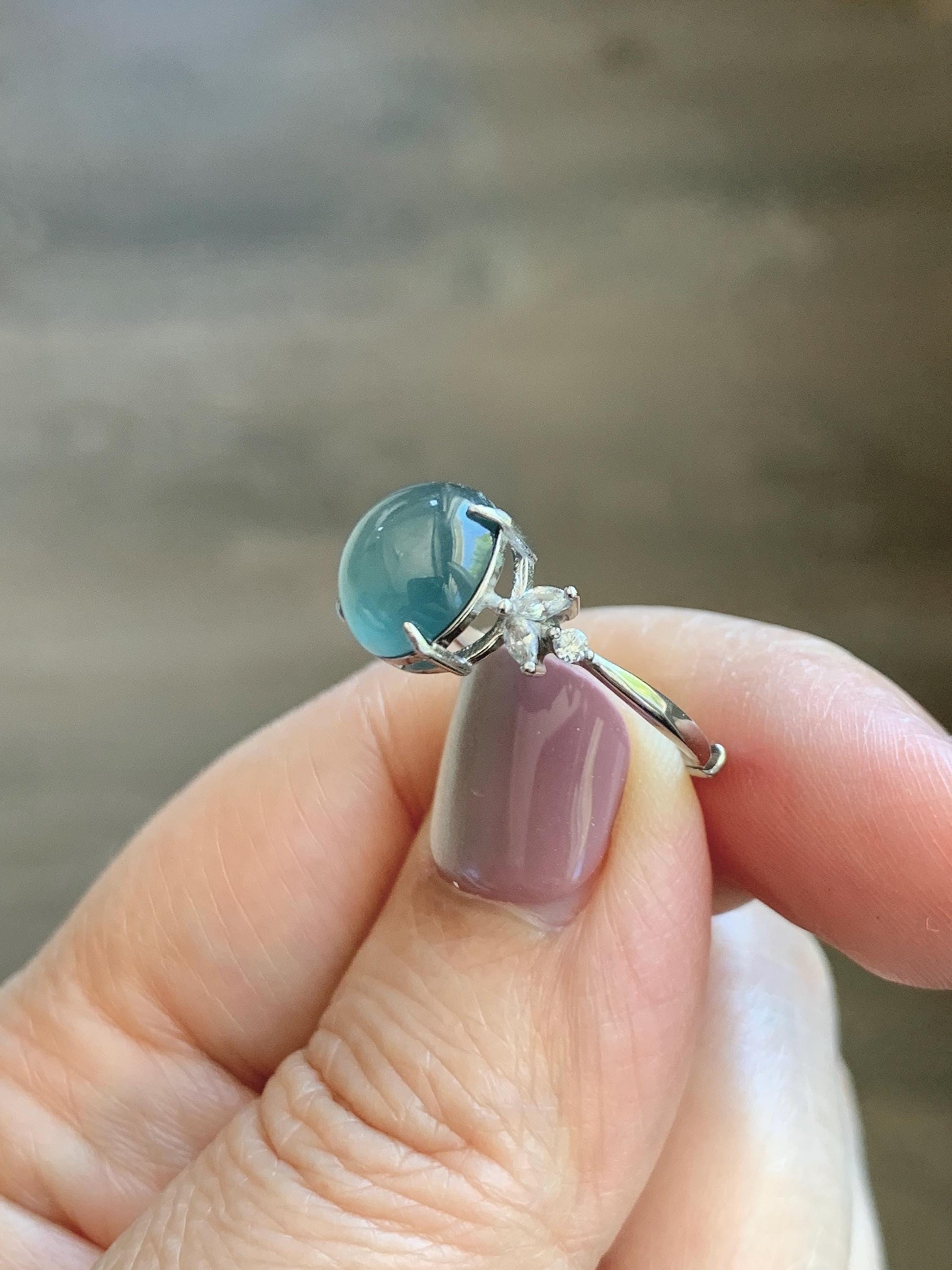 Natural Grade A Guatemalan Icy Translucent Dusty Teal Green Round Jade Jadeite Ring Sterling Silver Size 6 US Adjustable 天然冰危蓝绿翡翠银镶戒指 WDL110