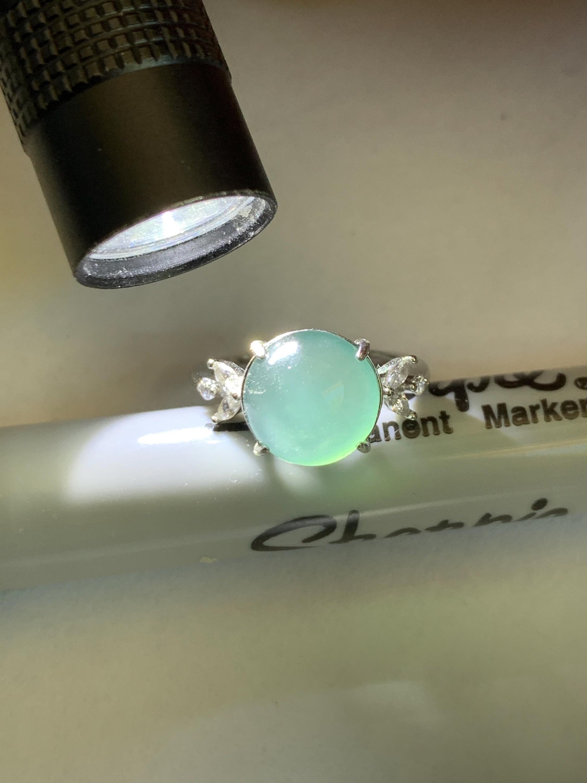 Natural Grade A Guatemalan Icy Translucent Dusty Teal Green Round Jade Jadeite Ring Sterling Silver Size 6 US Adjustable 天然冰危蓝绿翡翠银镶戒指 WDL110