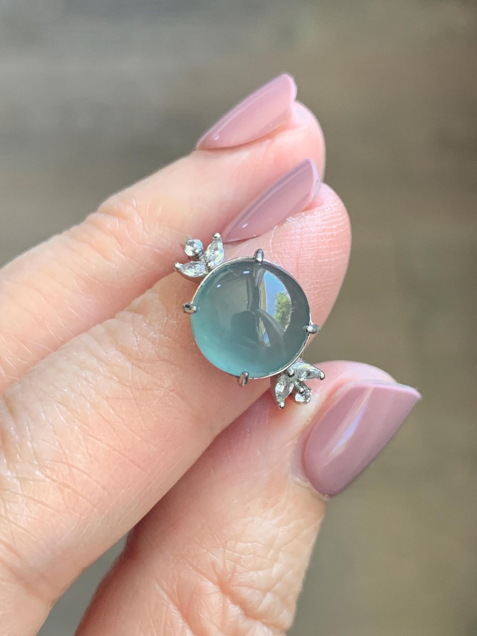 Natural Grade A Guatemalan Icy Translucent Dusty Teal Green Round Jade Jadeite Ring Sterling Silver Size 6 US Adjustable 天然冰危蓝绿翡翠银镶戒指 WDL110
