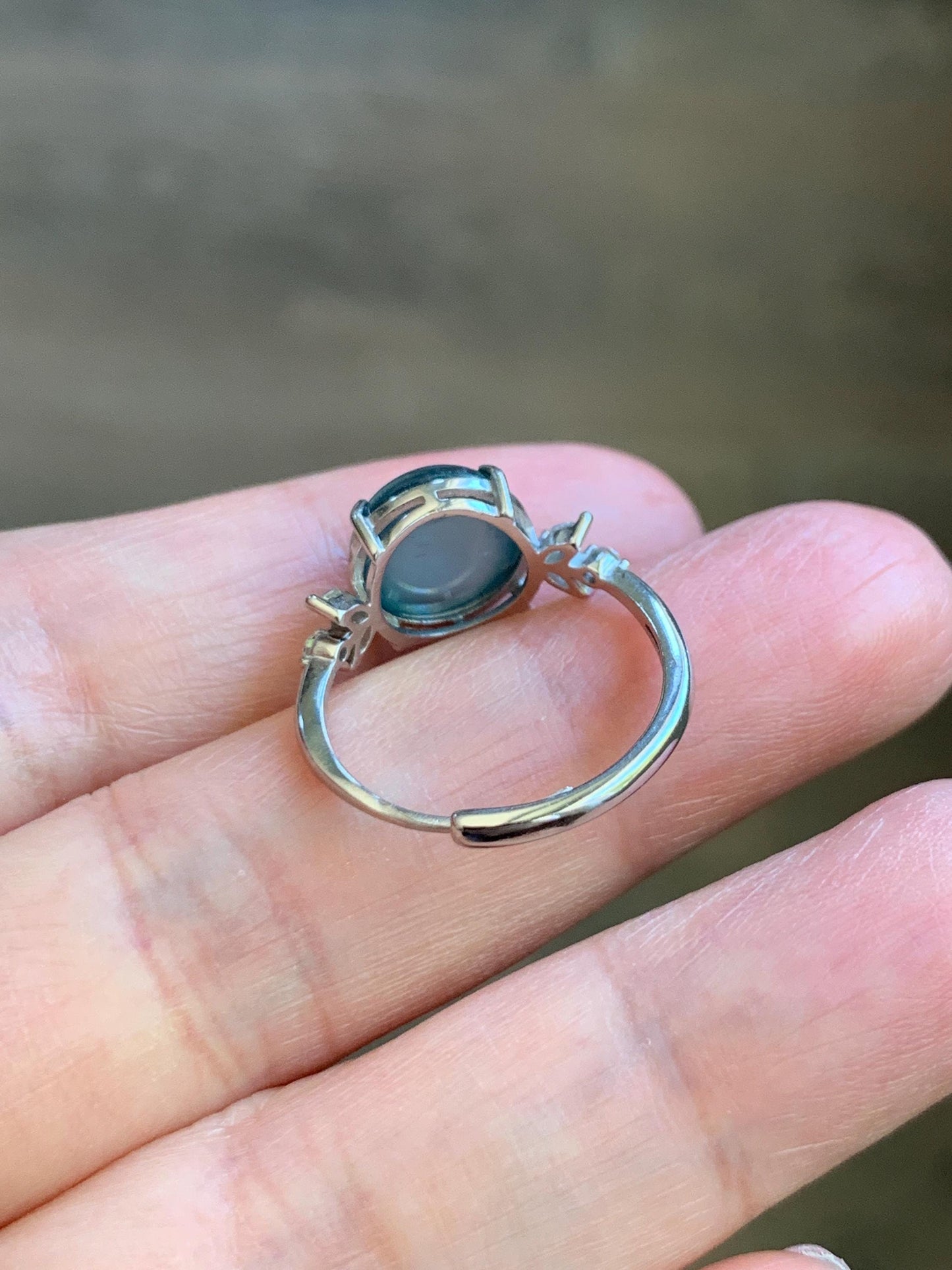 Natural Grade A Guatemalan Icy Translucent Dusty Teal Green Round Jade Jadeite Ring Sterling Silver Size 6 US Adjustable 天然冰危蓝绿翡翠银镶戒指 WDL110