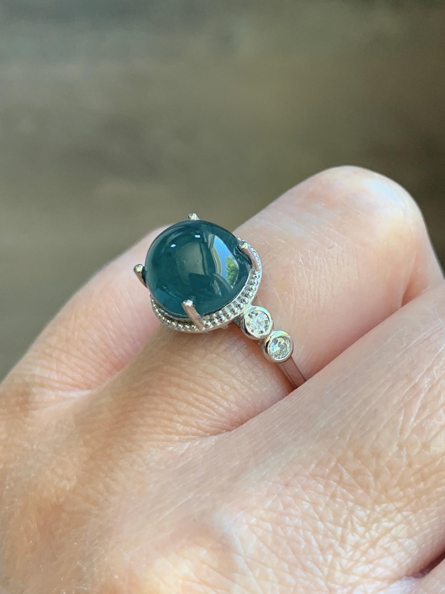 Natural Grade A Guatemalan Icy Translucent Dark Dusty Blue Jade Jadeite Ring Sterling Silver Size 7 US Adjustable 天然冰危深蓝翡翠银镶戒指 WNZ138