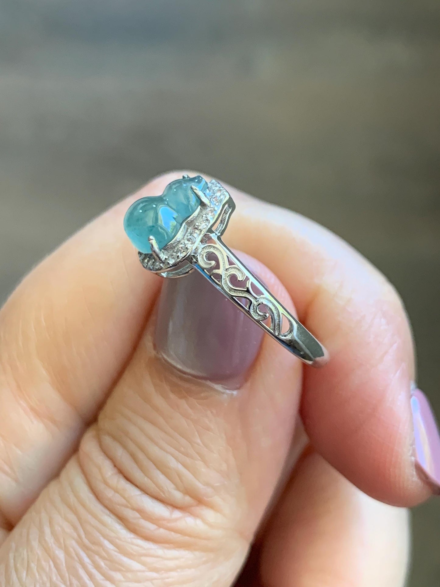 Natural Grade A Guatemalan Icy Translucent Light Teal Blue Jade Jadeite Gourd Hulu Ring Sterling Silver Size 7 Adjustable 天然冰危浅蓝翡翠葫芦戒指 WLH88