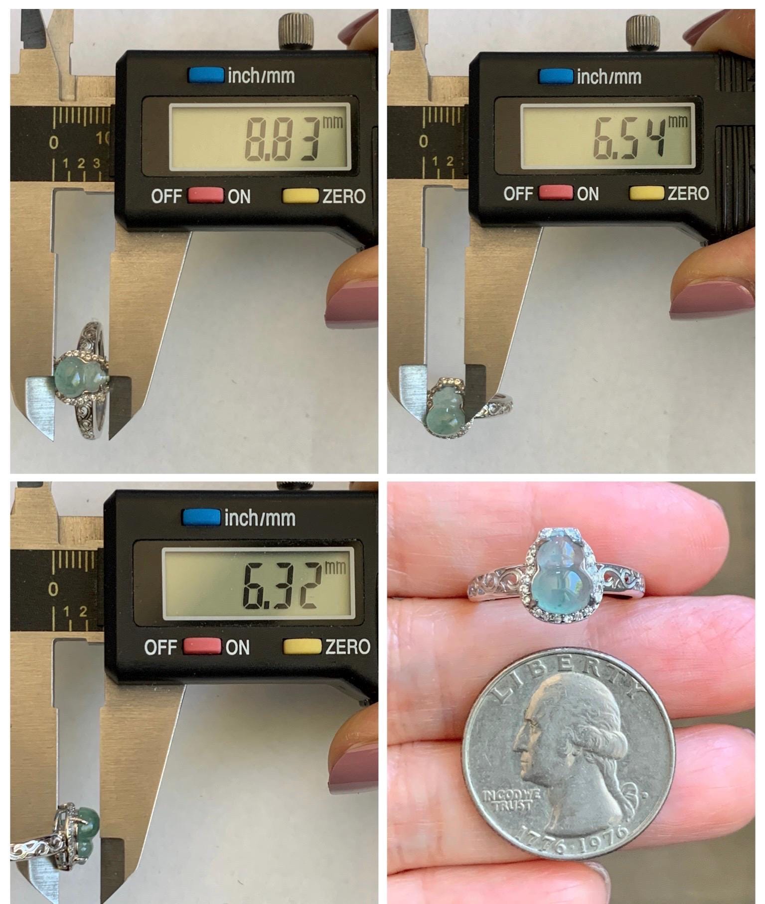 Natural Grade A Guatemalan Icy Translucent Light Teal Blue Jade Jadeite Gourd Hulu Ring Sterling Silver Size 7 Adjustable 天然冰危浅蓝翡翠葫芦戒指 WLH88