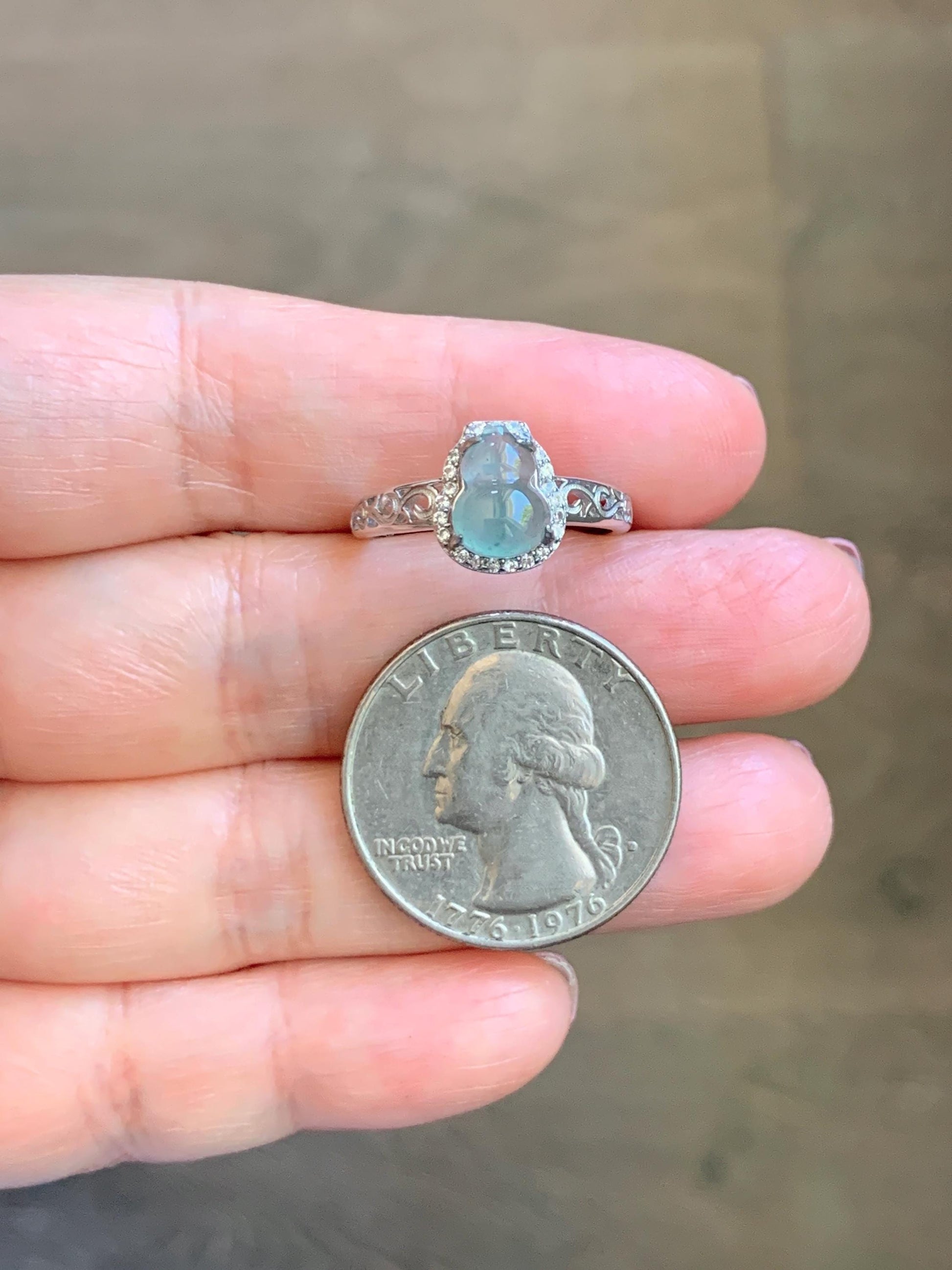 Natural Grade A Guatemalan Icy Translucent Light Teal Blue Jade Jadeite Gourd Hulu Ring Sterling Silver Size 7 Adjustable 天然冰危浅蓝翡翠葫芦戒指 WLH88