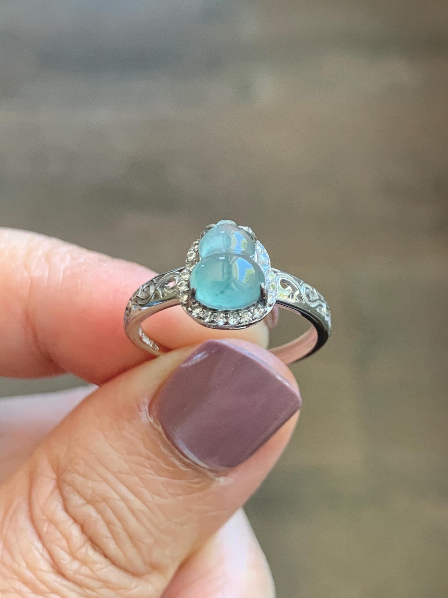 Natural Grade A Guatemalan Icy Translucent Light Teal Blue Jade Jadeite Gourd Hulu Ring Sterling Silver Size 7 Adjustable 天然冰危浅蓝翡翠葫芦戒指 WLH88