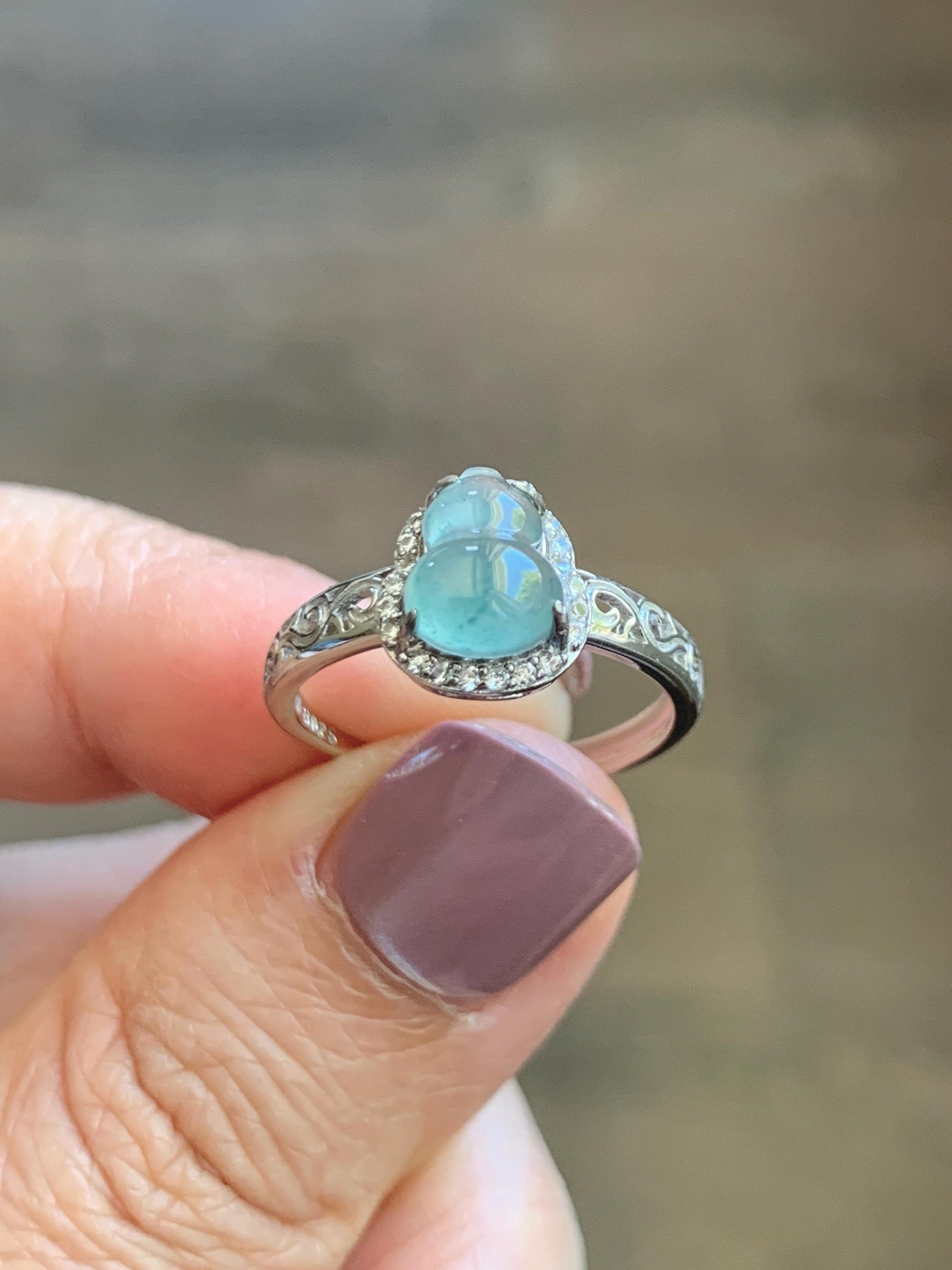 Natural Grade A Guatemalan Icy Translucent Light Teal Blue Jade Jadeite Gourd Hulu Ring Sterling Silver Size 7 Adjustable 天然冰危浅蓝翡翠葫芦戒指 WLH88
