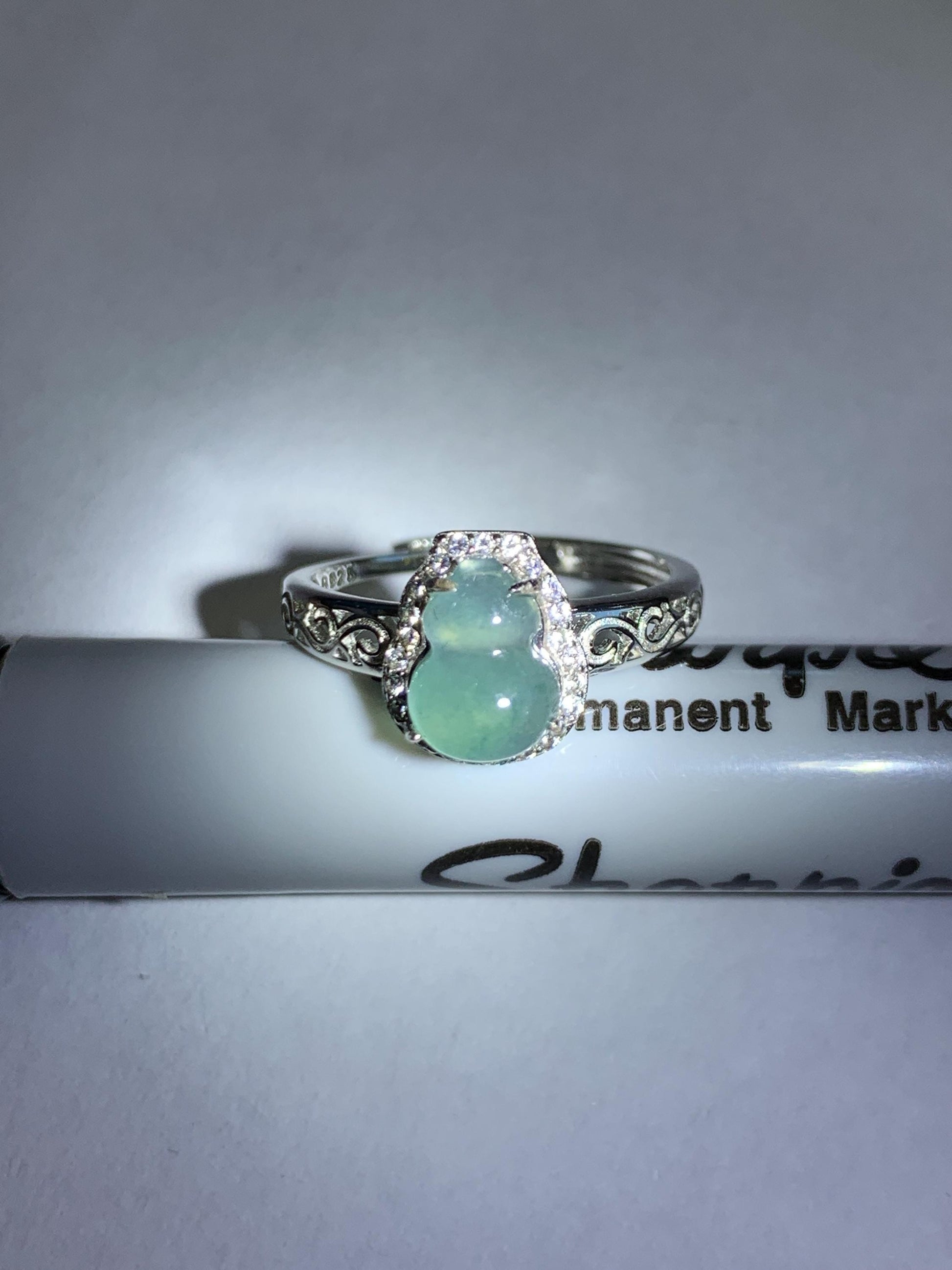 Natural Grade A Guatemalan Icy Translucent Light Teal Blue Jade Jadeite Gourd Hulu Ring Sterling Silver Size 7 Adjustable 天然冰危浅蓝翡翠葫芦戒指 WLH88