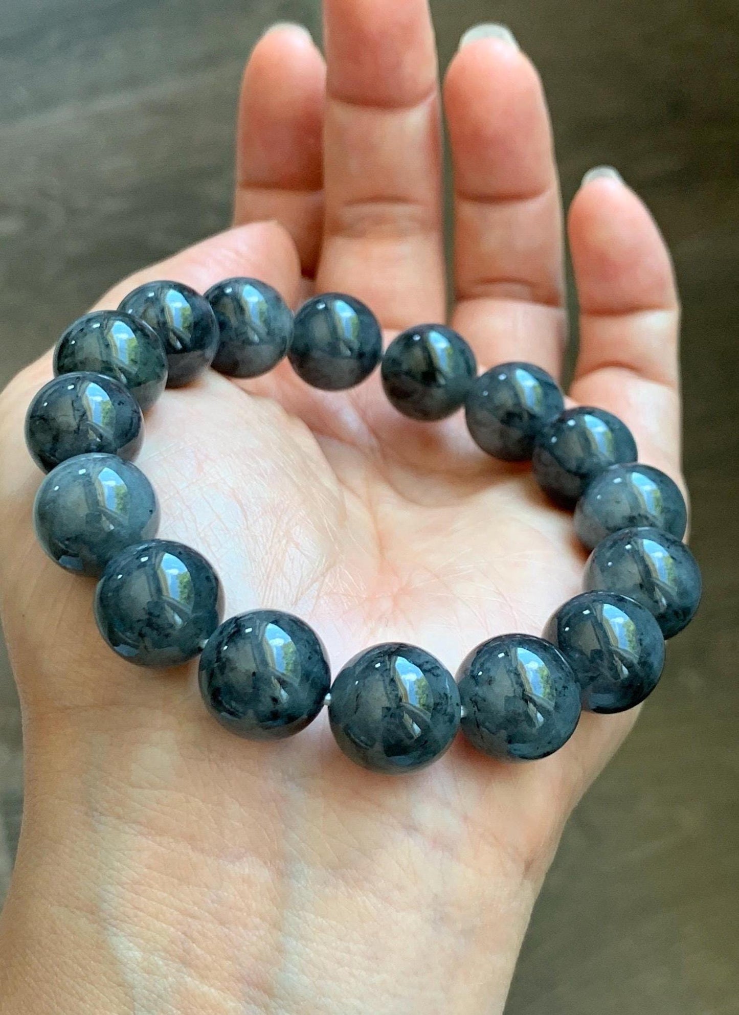 Grade A Natural Icy Translucent Dark Wuji Jade Jadeite Large Beads Beaded Bracelet 13mm 7.75" 63g 天然大卡冰乌鸡翡翠手串 MDW440