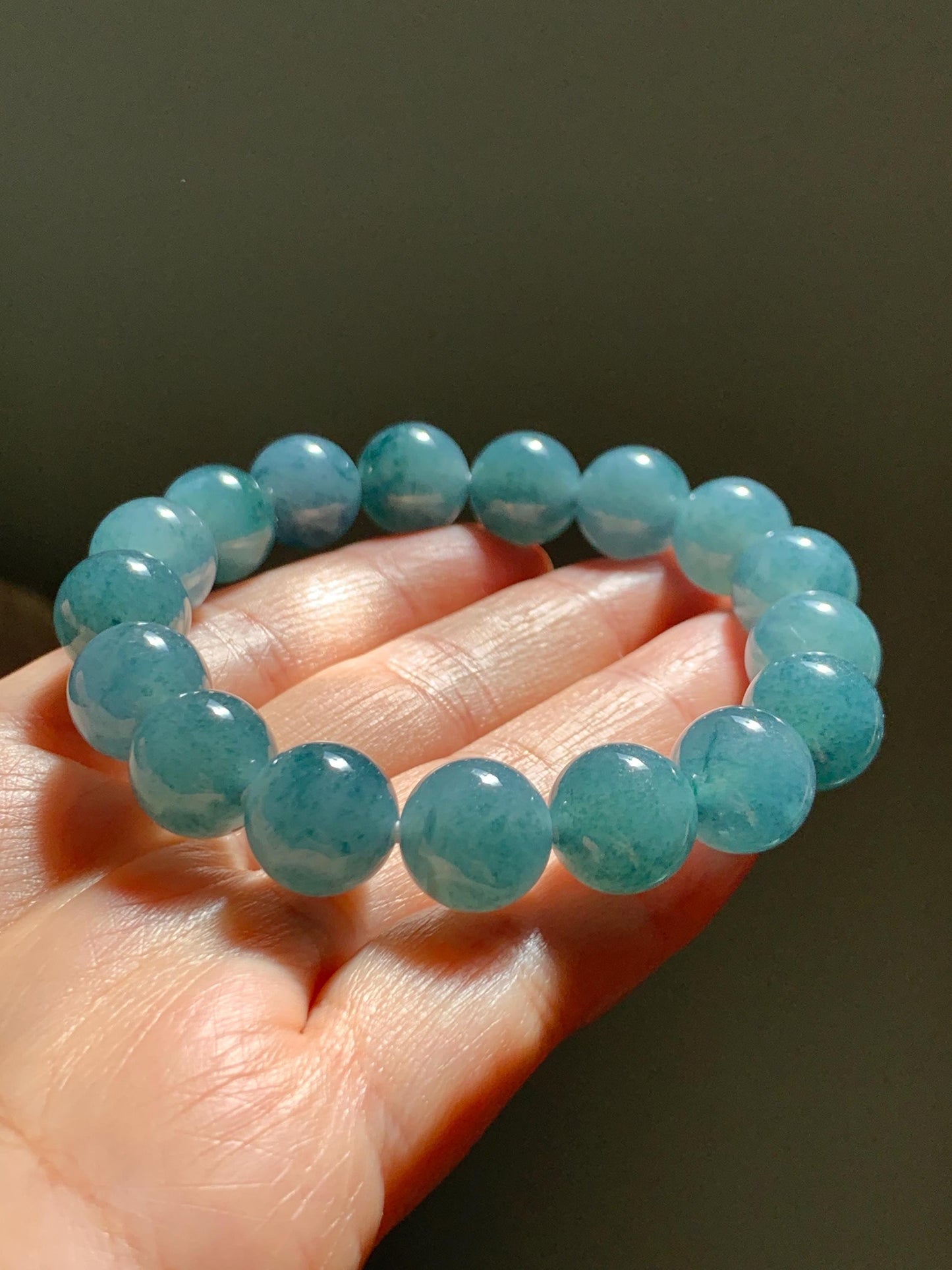 Natural Grade A Guatemalan Icy Translucent Dusty Teal Blue Jade Jadeite Beaded Bracelet 11.9mm 7.25” 48g 天然冰胶危蓝翡翠手串 WDL360