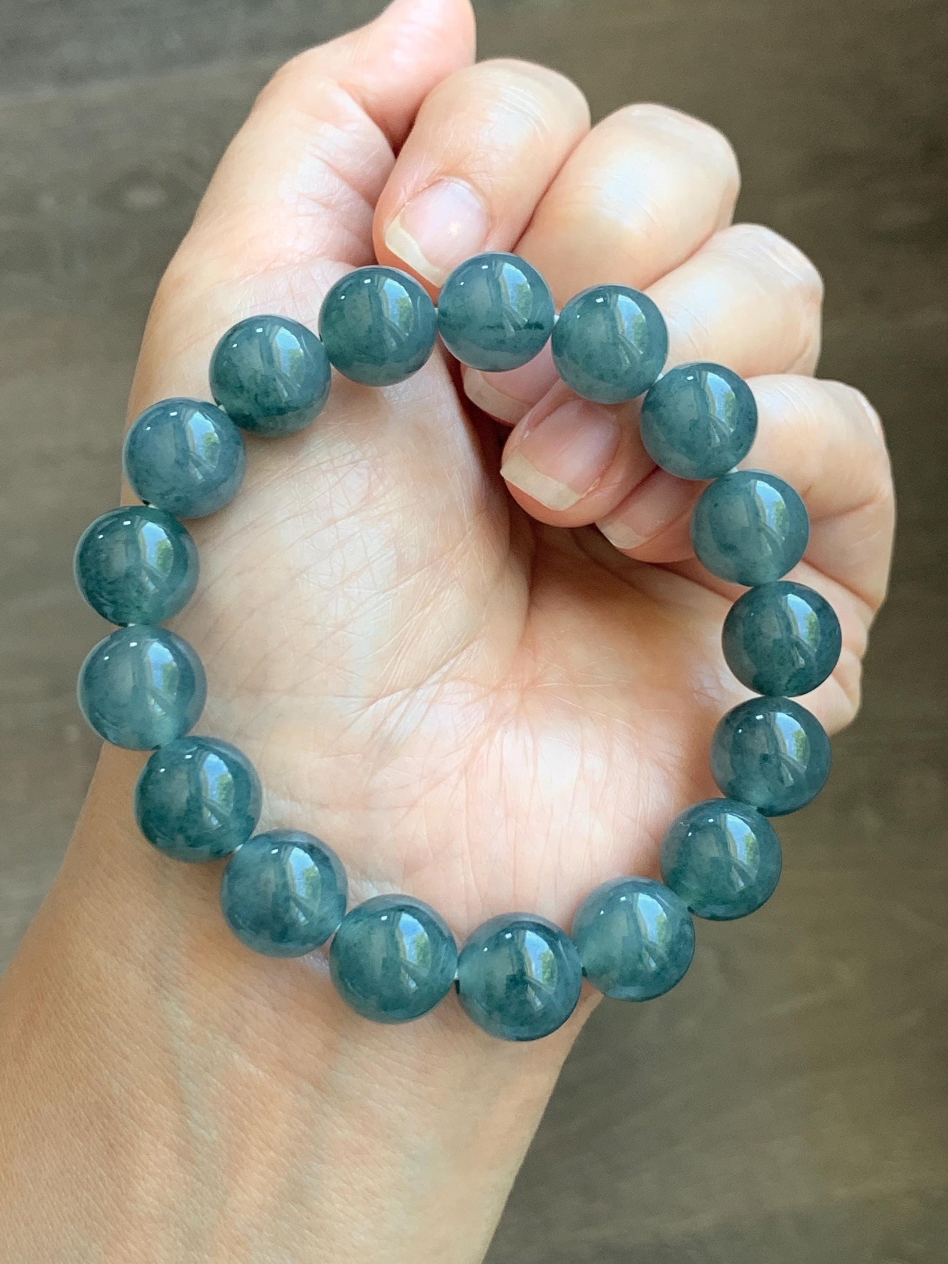 Natural Grade A Guatemalan Icy Translucent Dusty Teal Blue Jade Jadeite Beaded Bracelet 11.9mm 7.25” 48g 天然冰胶危蓝翡翠手串 WDL360