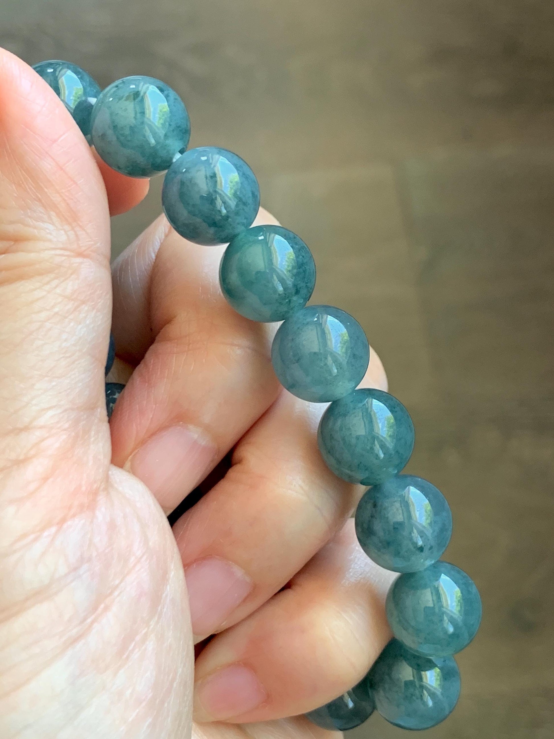 Natural Grade A Guatemalan Icy Translucent Dusty Teal Blue Jade Jadeite Beaded Bracelet 11.9mm 7.25” 48g 天然冰胶危蓝翡翠手串 WDL360