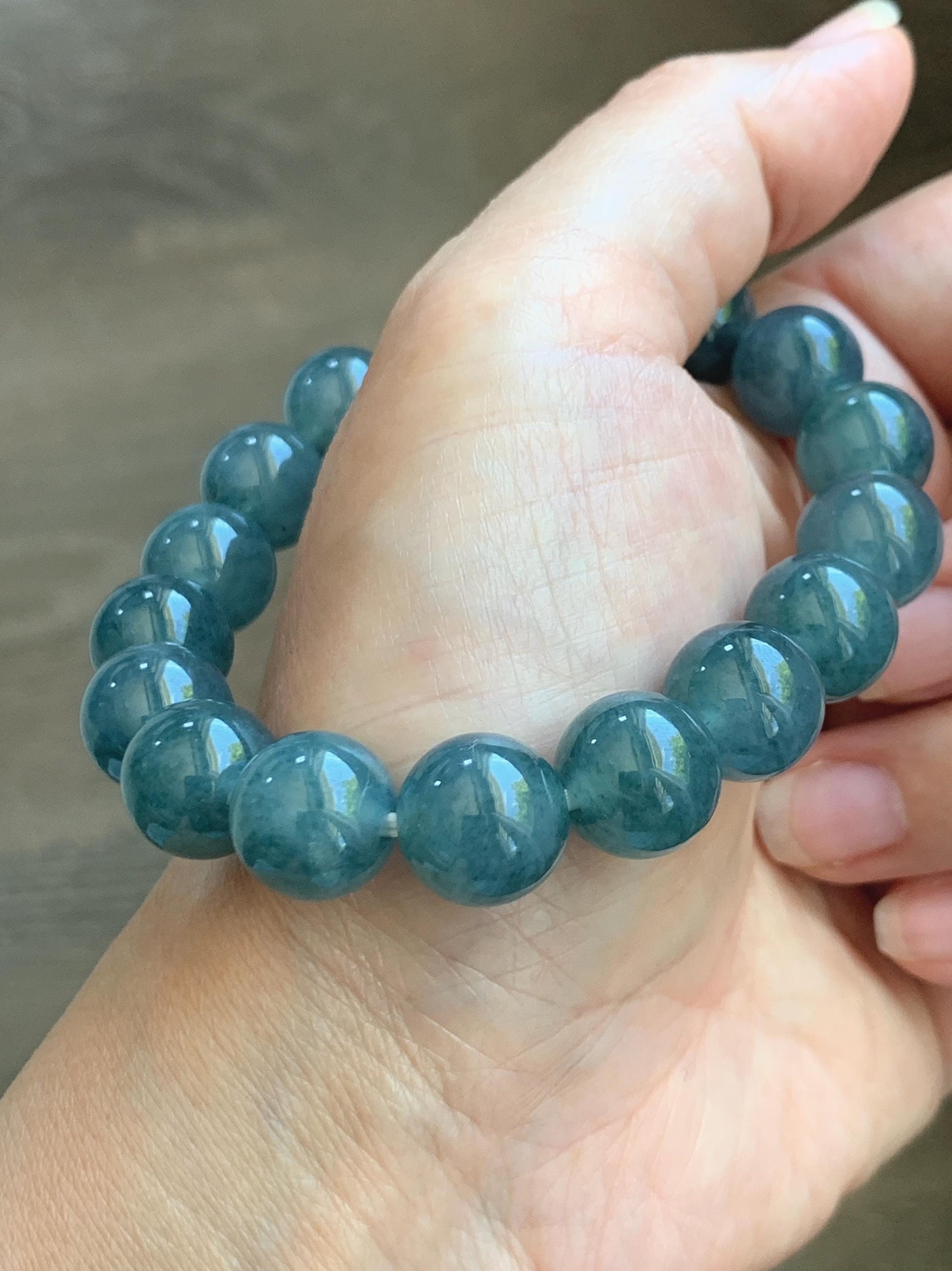 Natural Grade A Guatemalan Icy Translucent Dusty Teal Blue Jade Jadeite Beaded Bracelet 11.9mm 7.25” 48g 天然冰胶危蓝翡翠手串 WDL360